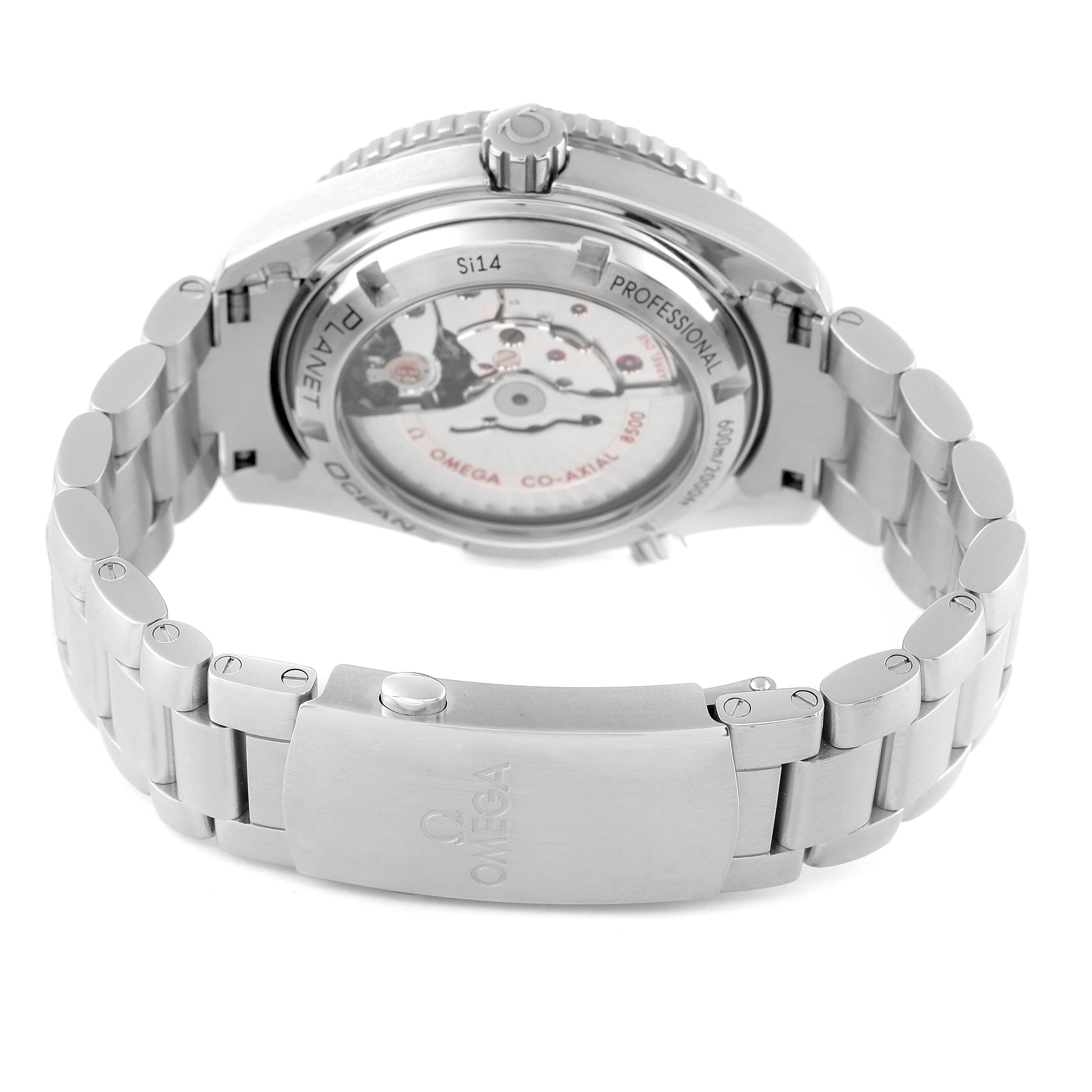 The image shows the back and bracelet of the Omega Planet Ocean 232.30.42.21.01.003 Men
s Stainless Steel Black Dial 232.30.42.21.01.003 Men
s Stainless Steel Black Dial watch, highlighting the case back and clasp.