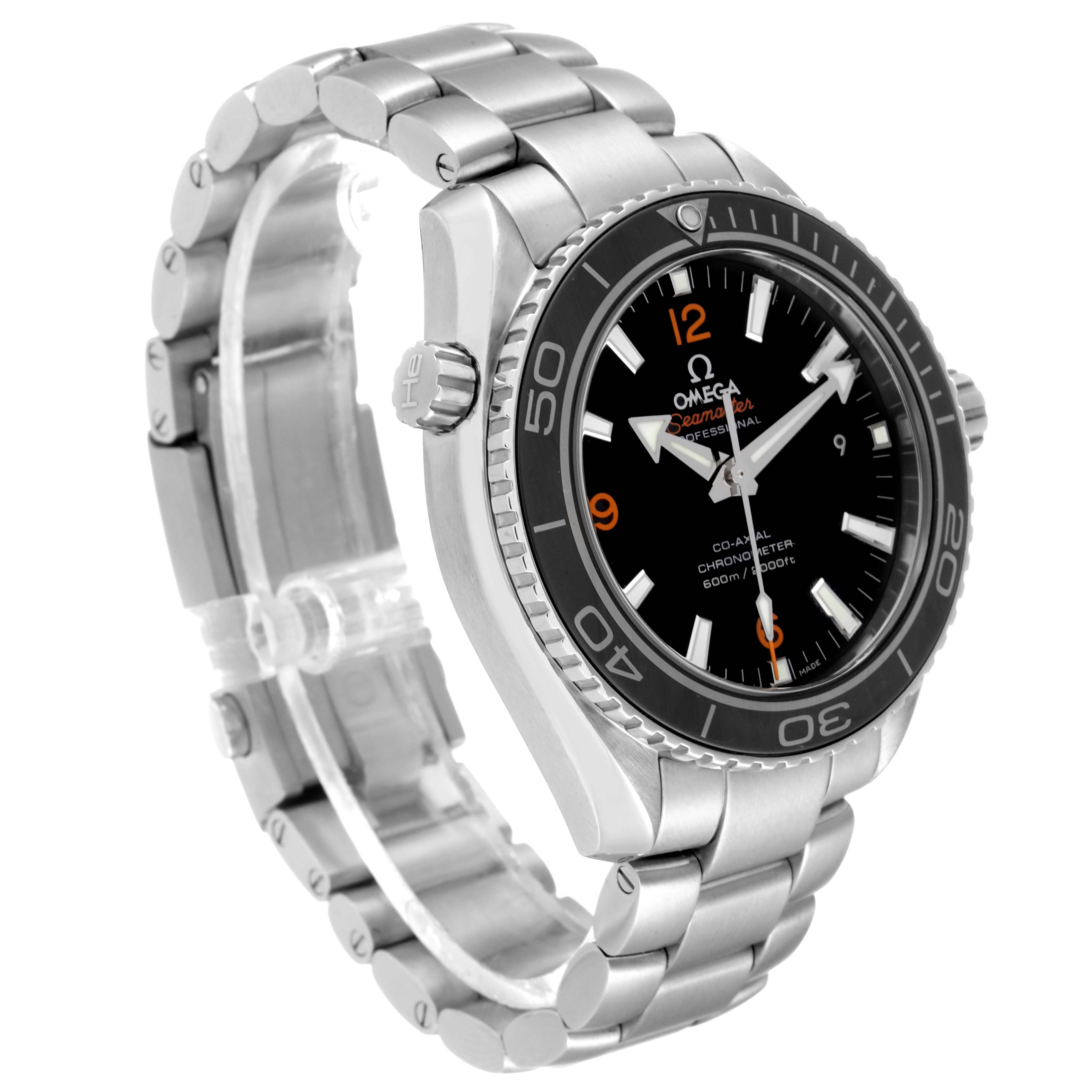The Omega Planet Ocean 232.30.42.21.01.003 Men
s Stainless Steel Black Dial 232.30.42.21.01.003 Men
s Stainless Steel Black Dial watch is shown at a three-quarter angle, displaying its bracelet, bezel, and dial.