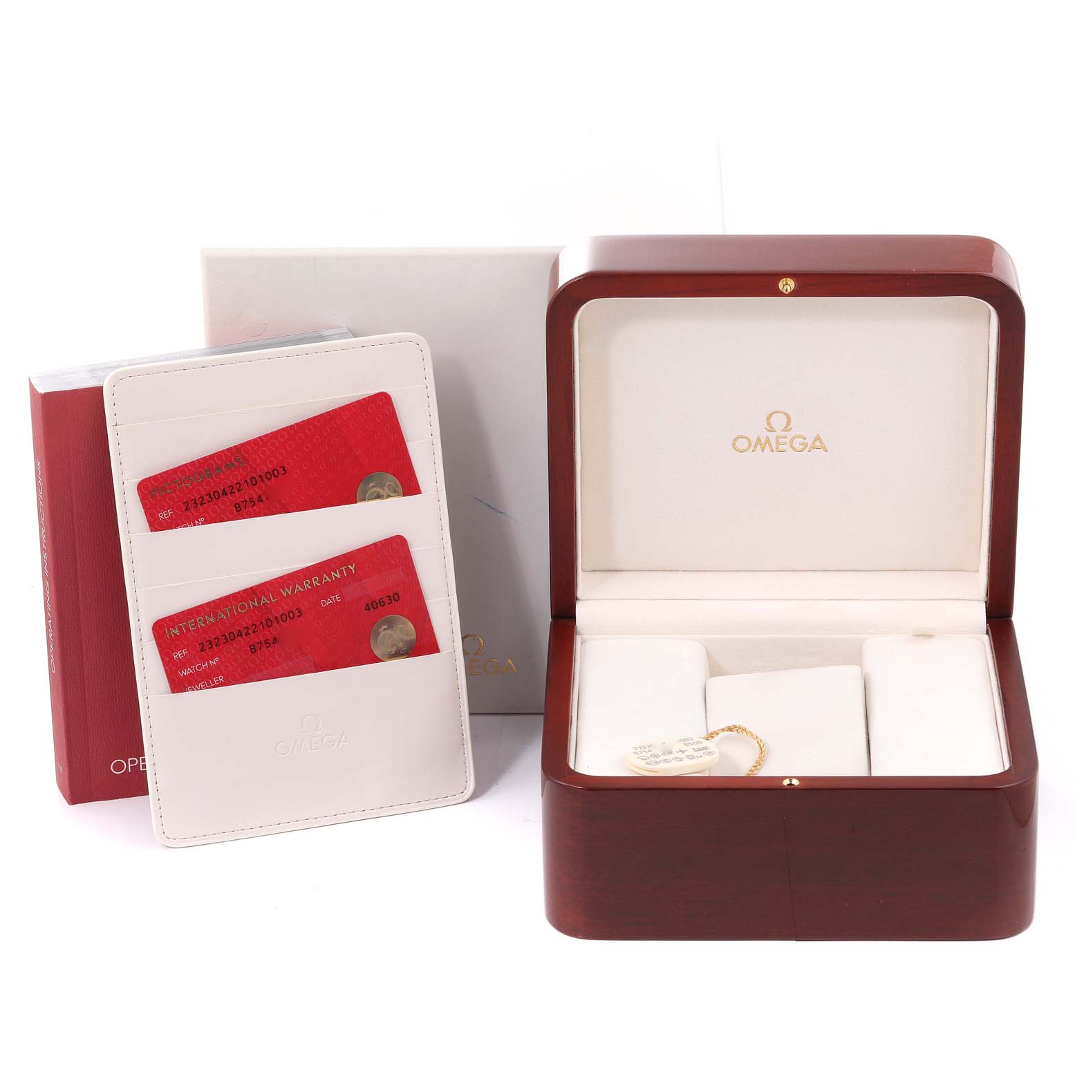 This image displays the Omega Planet Ocean 232.30.42.21.01.003 Men
s Stainless Steel Black Dial 232.30.42.21.01.003 Men
s Stainless Steel Black Dial watch box, warranty cards, and a manual.