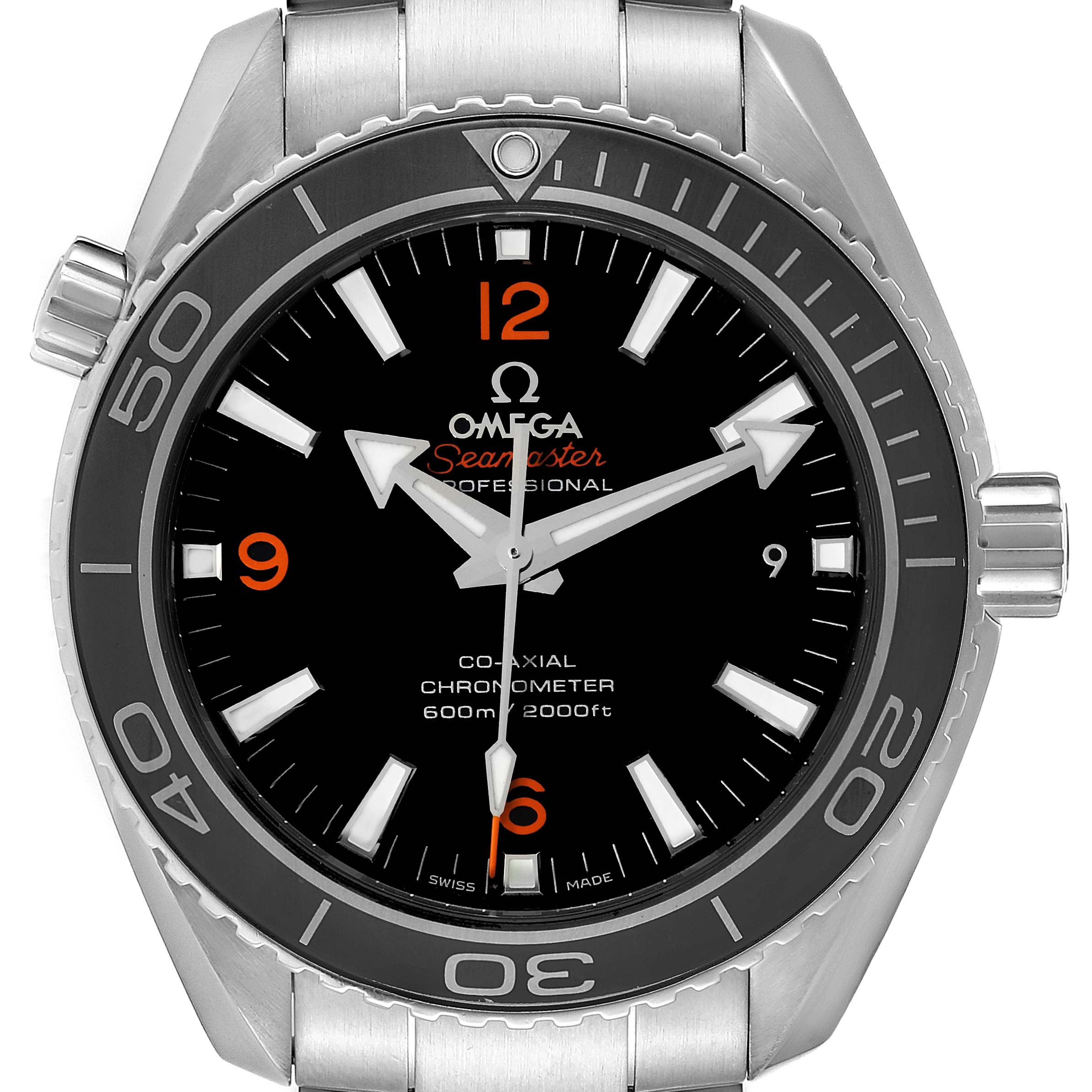 The image shows a front view of the Omega Planet Ocean 232.30.42.21.01.003 Men
s Stainless Steel Black Dial 232.30.42.21.01.003 Men
s Stainless Steel Black Dial model watch, displaying its dial, bezel, and stainless steel bracelet.