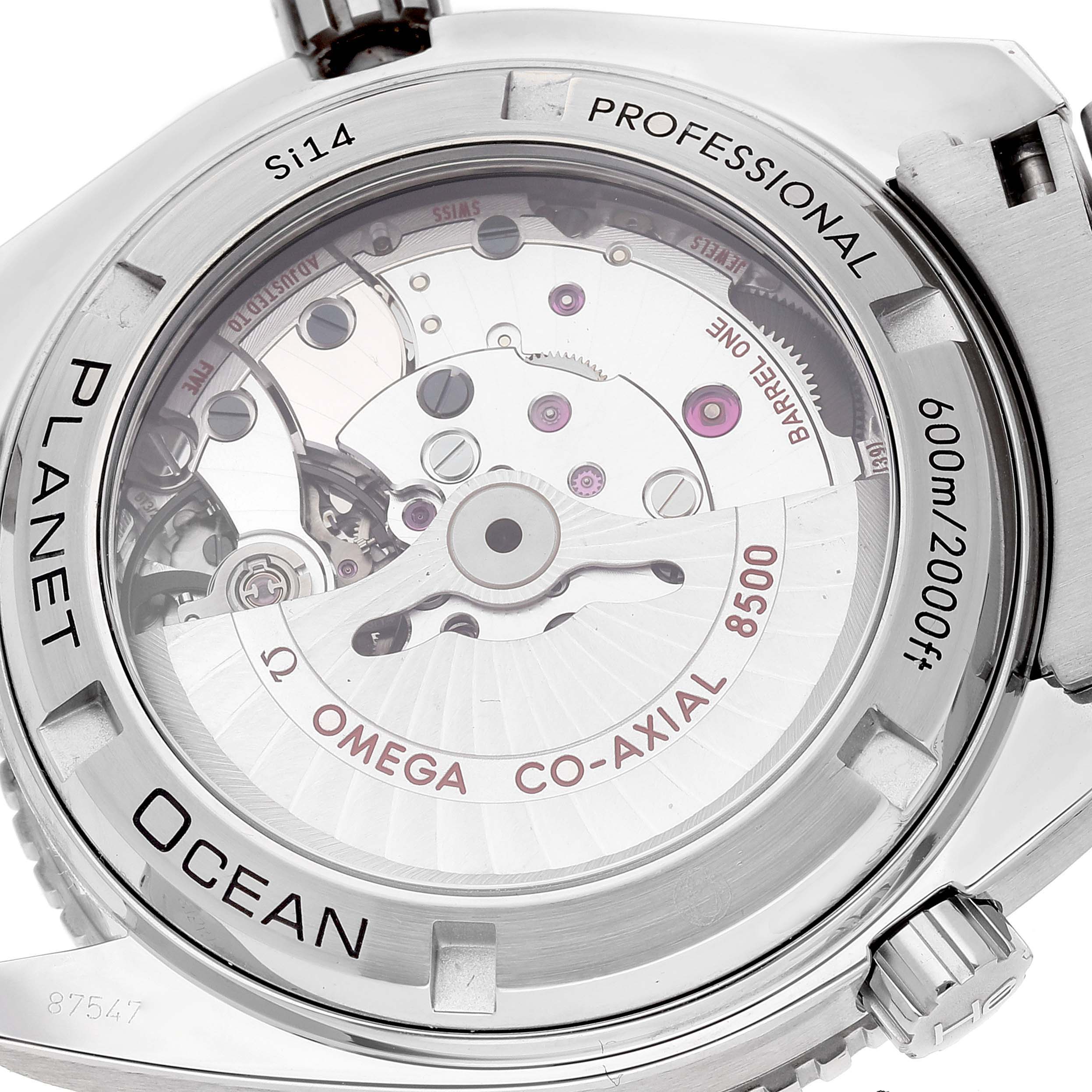 This image shows the back of an Omega Planet Ocean 232.30.42.21.01.003 Men
s Stainless Steel Black Dial 232.30.42.21.01.003 Men
s Stainless Steel Black Dial watch, revealing the internal Co-Axial 8500 movement.