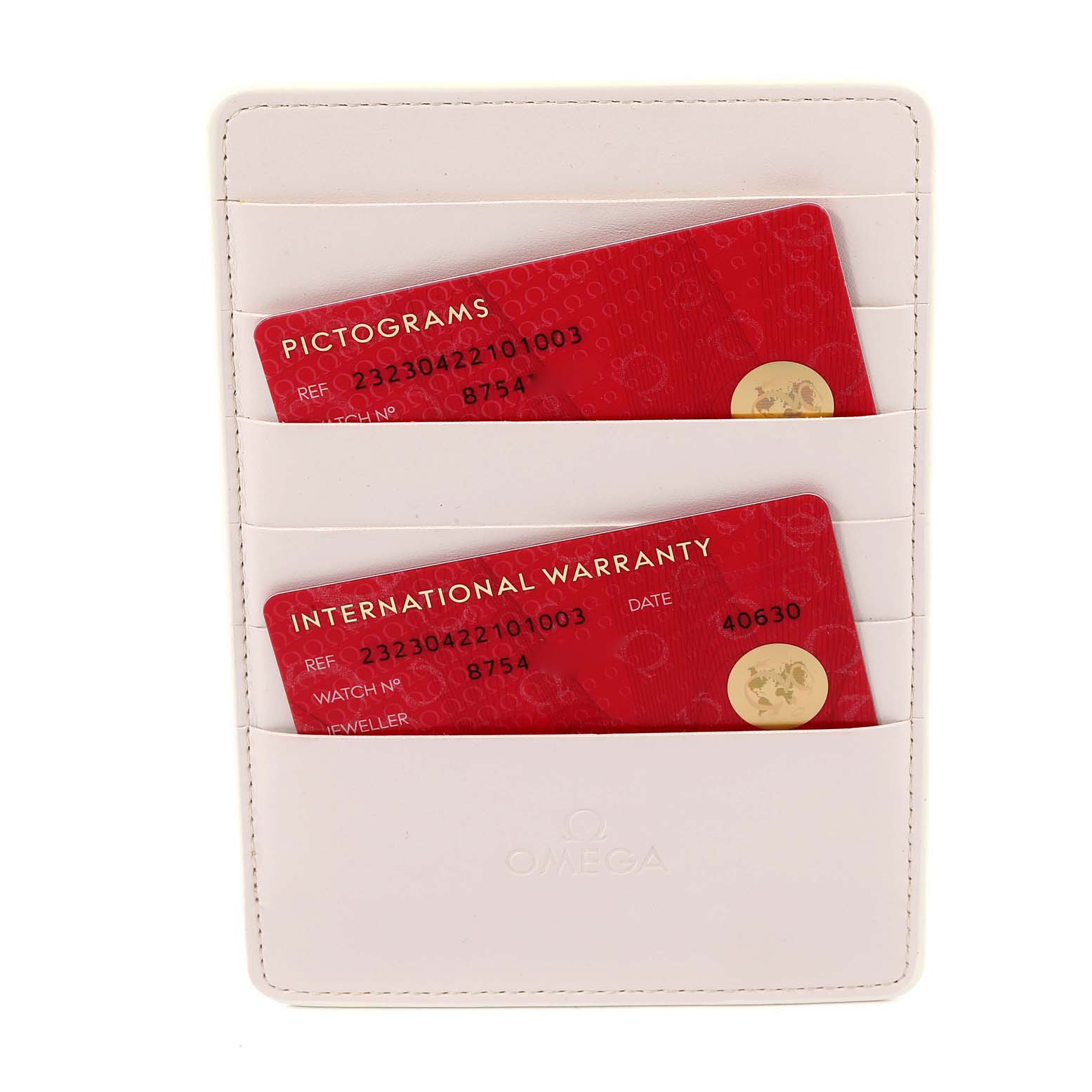 The image shows an Omega Planet Ocean 232.30.42.21.01.003 Men
s Stainless Steel Black Dial 232.30.42.21.01.003 Men
s Stainless Steel Black Dial watch
s cardholder with two red cards for pictograms and international warranty.