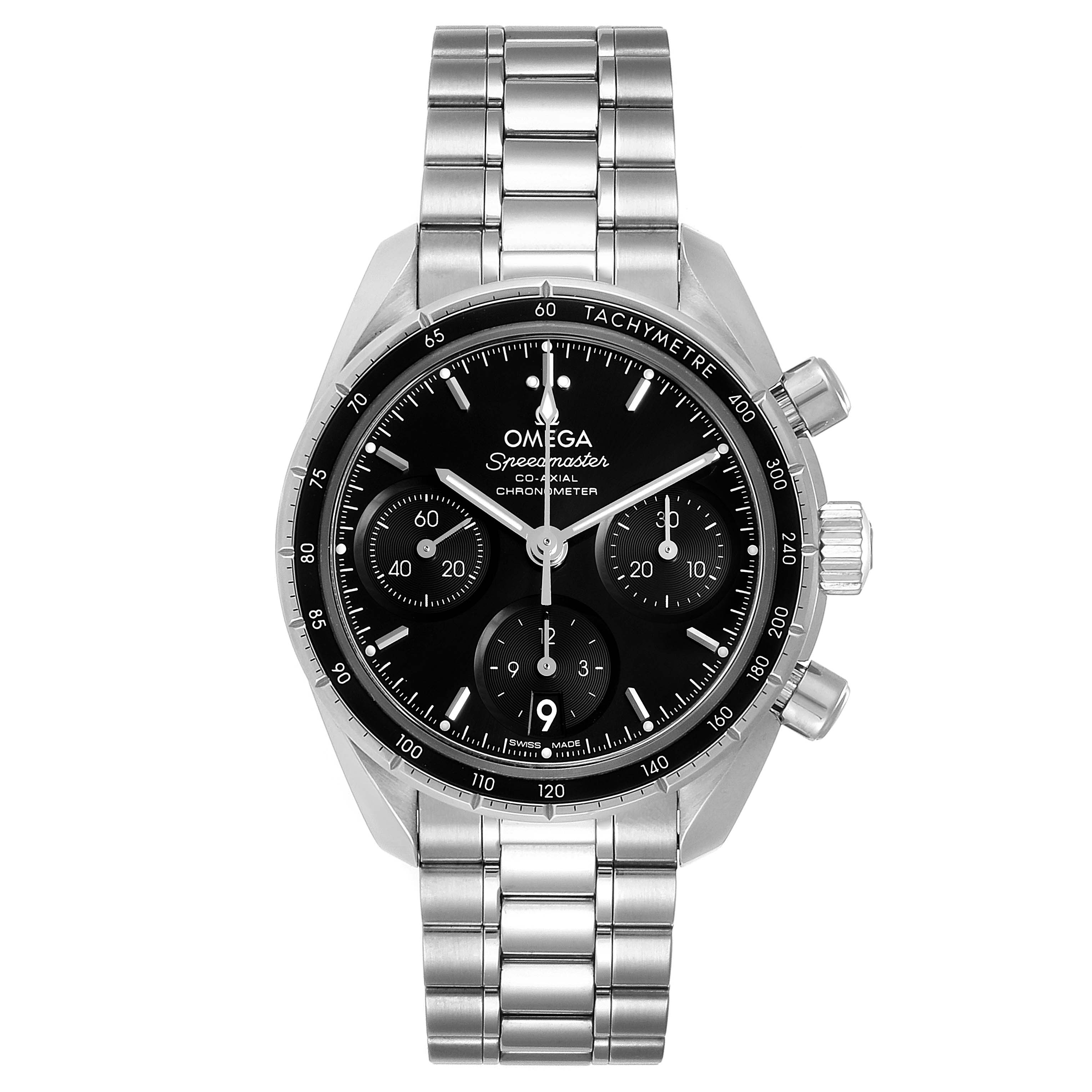 This image shows a front view of an Omega Speedmaster 324.30.38.50.01.001 Men
s Stainless Steel Black Dial 324.30.38.50.01.001 Men
s Stainless Steel Black Dial, displaying its face, bezel, subdials, and stainless steel bracelet.