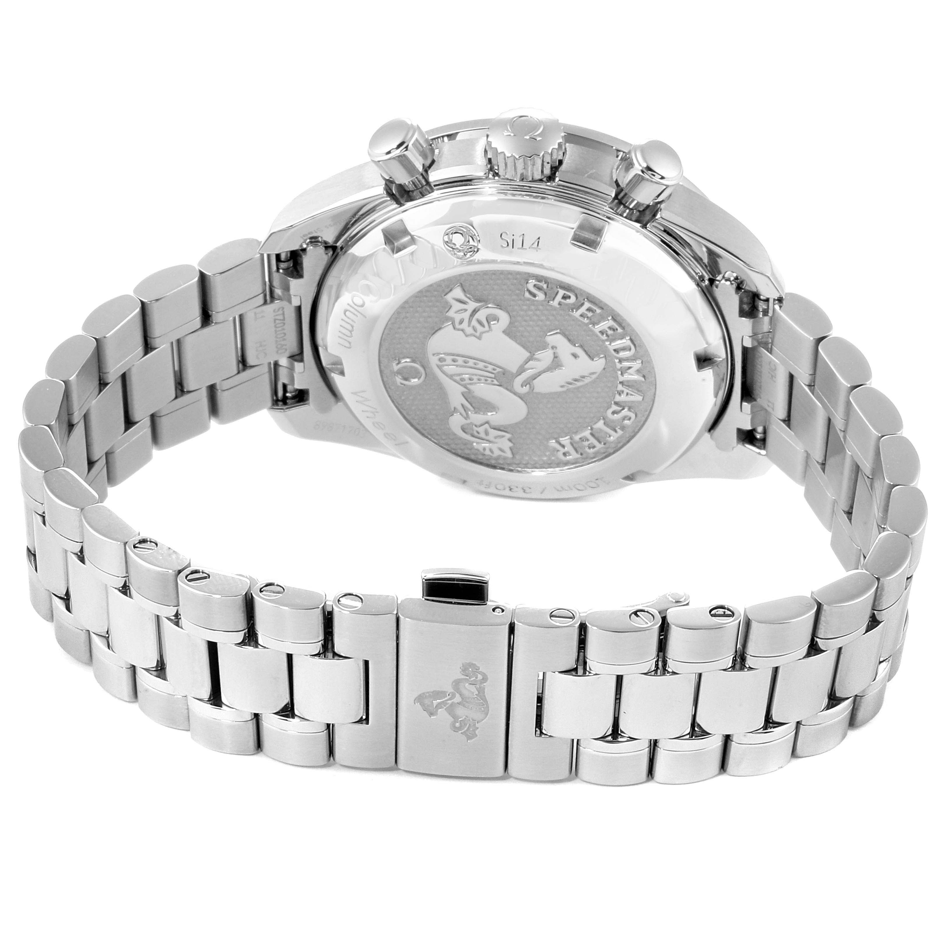 The image shows the back case and bracelet of an Omega Speedmaster 324.30.38.50.01.001 Men
s Stainless Steel Black Dial 324.30.38.50.01.001 Men
s Stainless Steel Black Dial watch, highlighting the engravings and clasp.