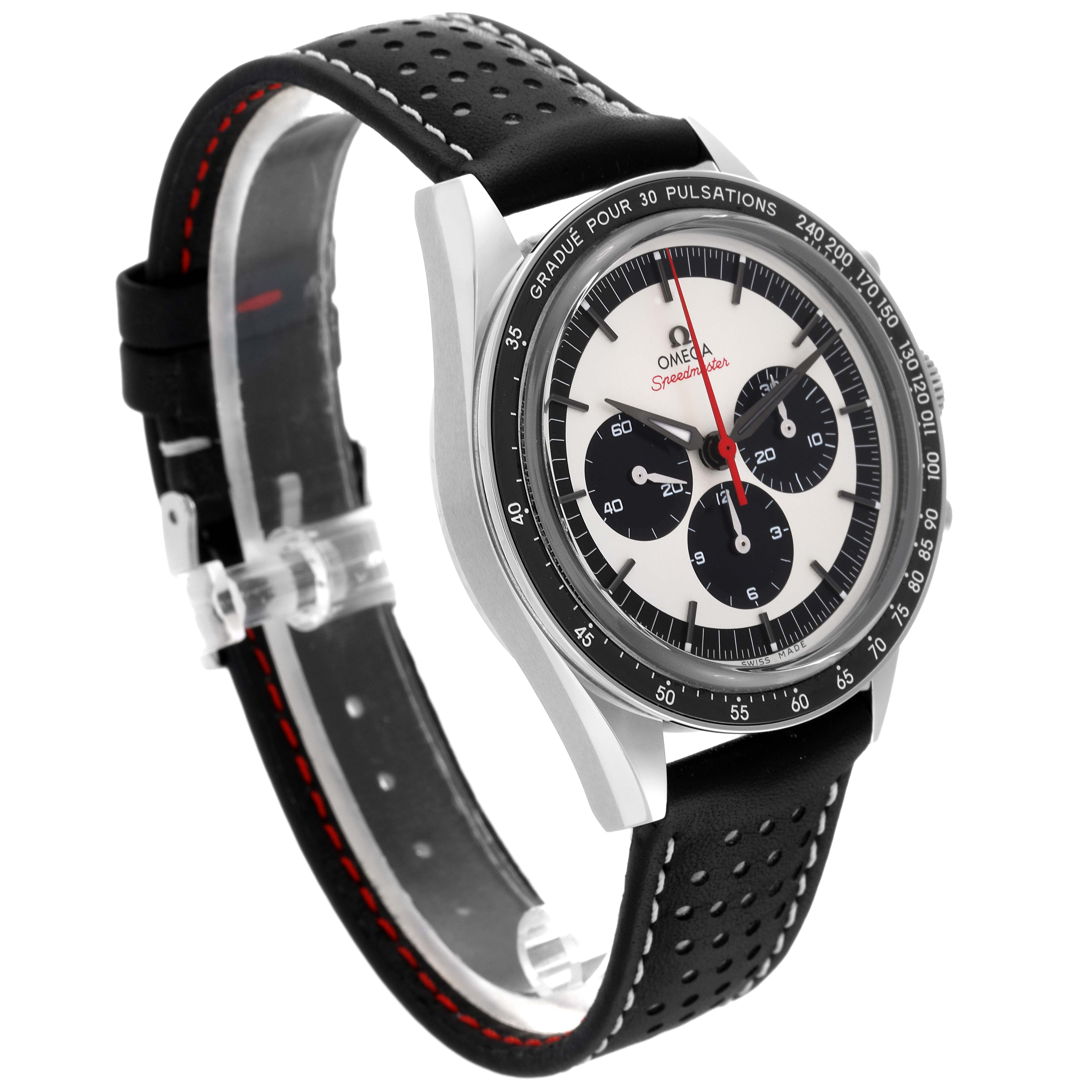 The image shows an Omega Speedmaster 311.32.40.30.02.001 Men
s Stainless Steel Silver Dial 311.32.40.30.02.001 Men
s Stainless Steel Silver Dial watch from a side angle, highlighting its dial, bezel, pushers, and perforated leather strap.