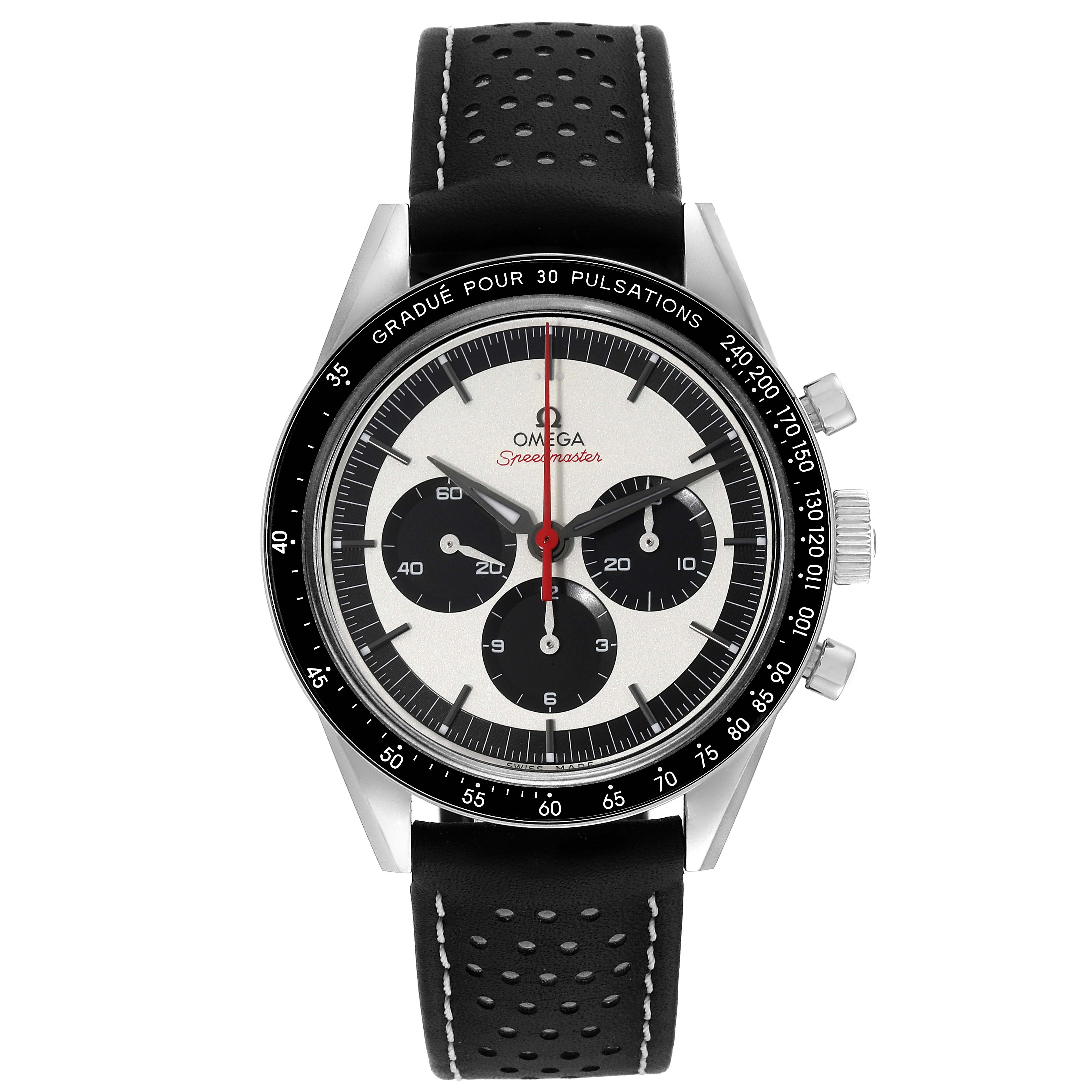 The image shows a front view of an Omega Speedmaster 311.32.40.30.02.001 Men
s Stainless Steel Silver Dial 311.32.40.30.02.001 Men
s Stainless Steel Silver Dial watch, displaying the dial, bezel, sub-dials, and strap.