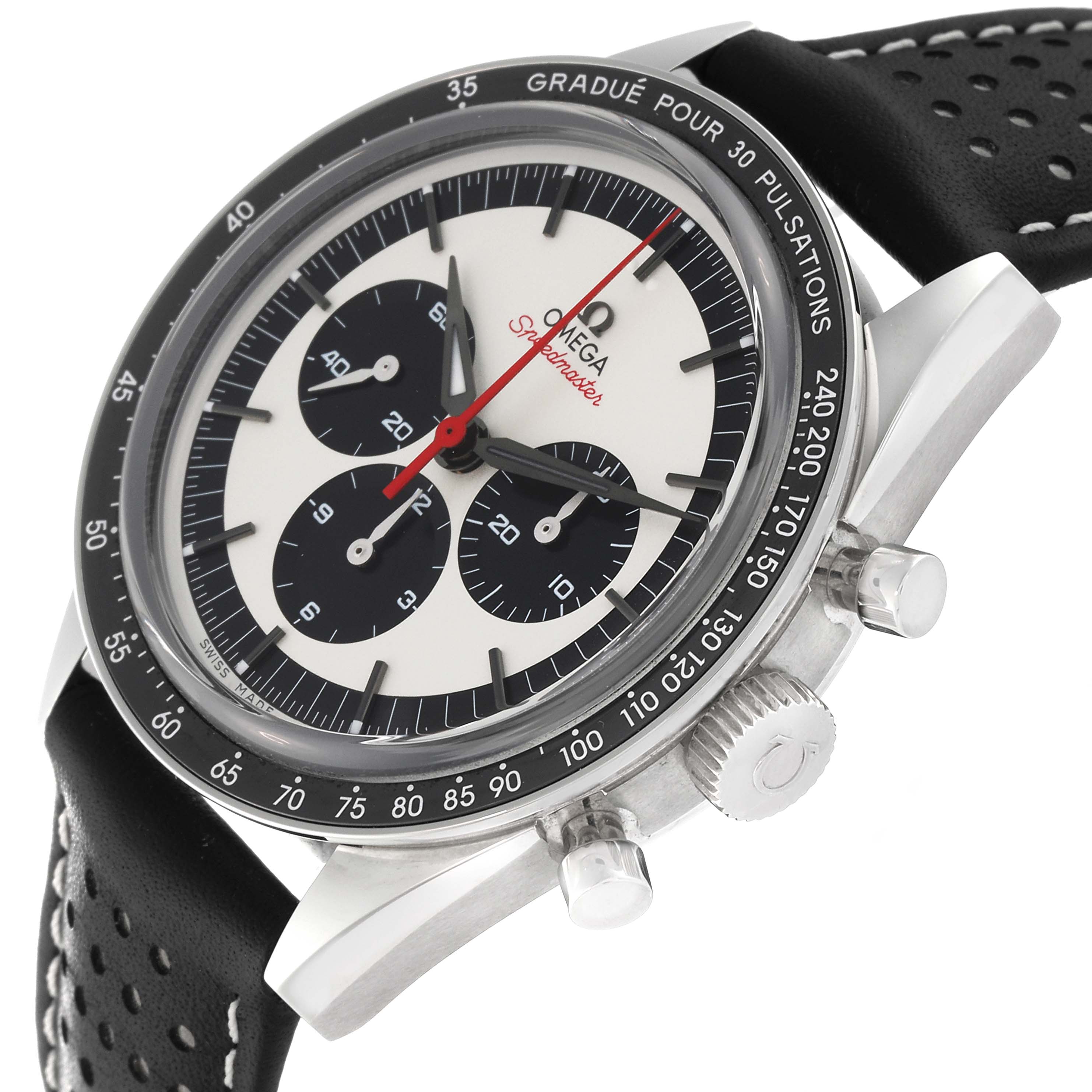 The Omega Speedmaster 311.32.40.30.02.001 Men
s Stainless Steel Silver Dial 311.32.40.30.02.001 Men
s Stainless Steel Silver Dial watch is shown at a 3/4 angle, displaying the dial, tachymeter bezel, and leather strap.