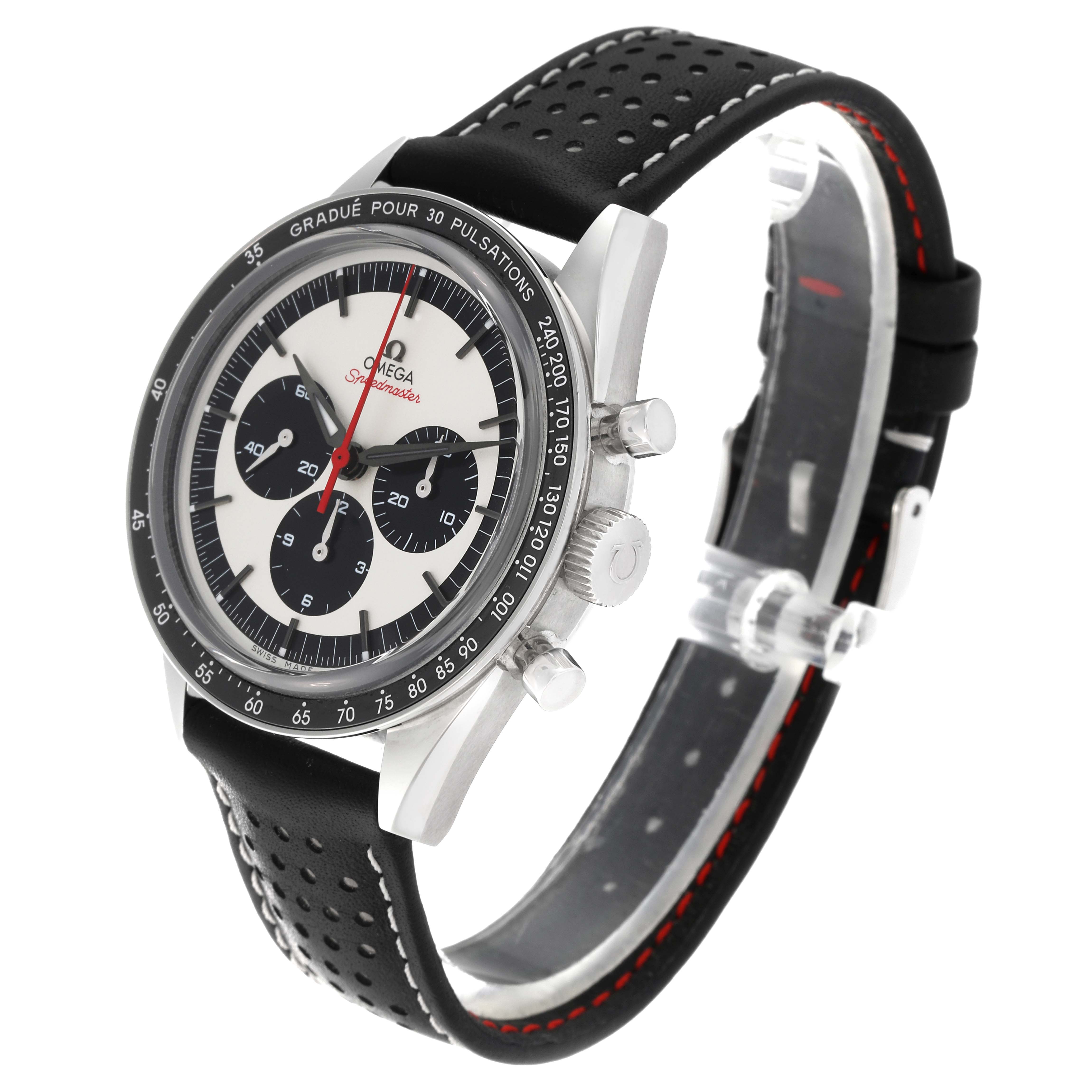 The image shows a side view of the Omega Speedmaster 311.32.40.30.02.001 Men
s Stainless Steel Silver Dial 311.32.40.30.02.001 Men
s Stainless Steel Silver Dial watch, highlighting the face, bezel, side buttons, and black perforated strap.