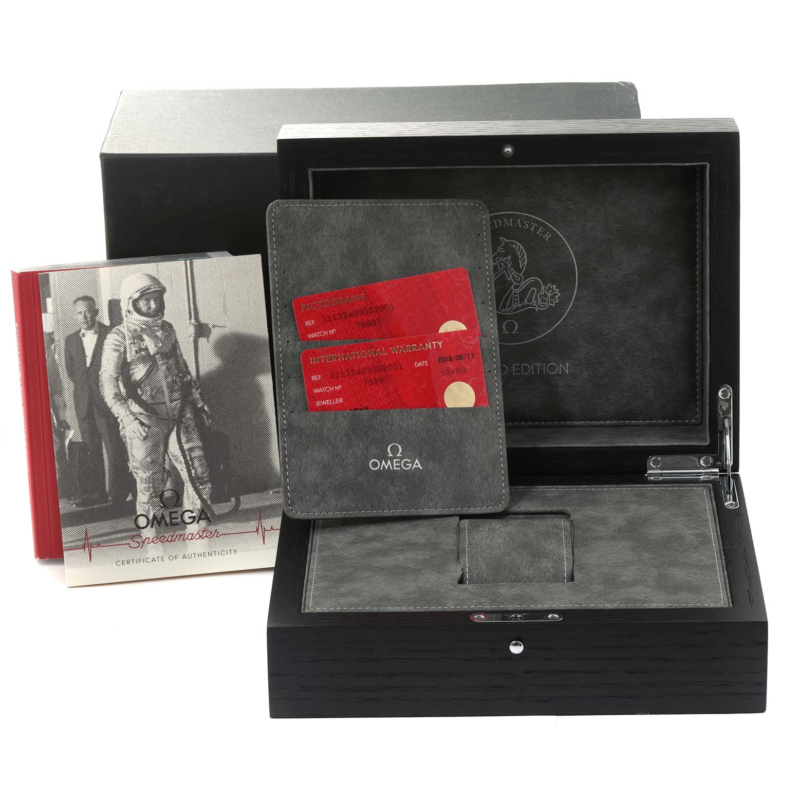 This image shows the presentation box, certificate of Best Quality
ity, and international warranty card for the Omega Speedmaster 311.32.40.30.02.001 Men
s Stainless Steel Silver Dial 311.32.40.30.02.001 Men
s Stainless Steel Silver Dial watch.