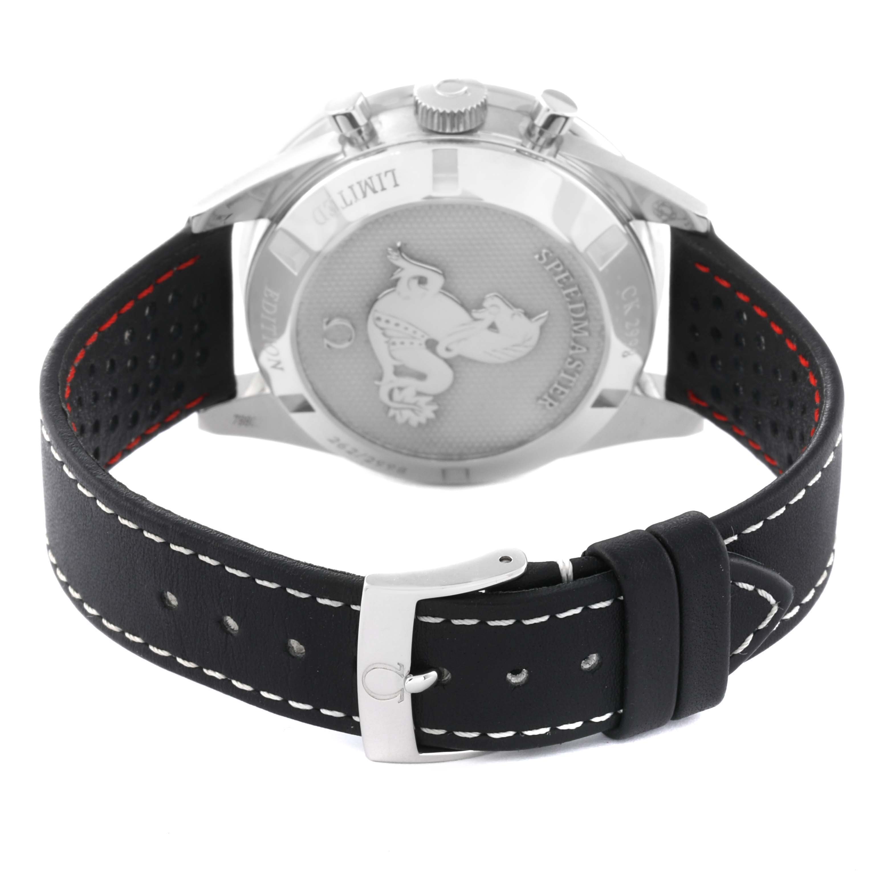 The image shows the back view of an Omega Speedmaster 311.32.40.30.02.001 Men
s Stainless Steel Silver Dial 311.32.40.30.02.001 Men
s Stainless Steel Silver Dial watch, highlighting the case back and the leather strap with white stitching.