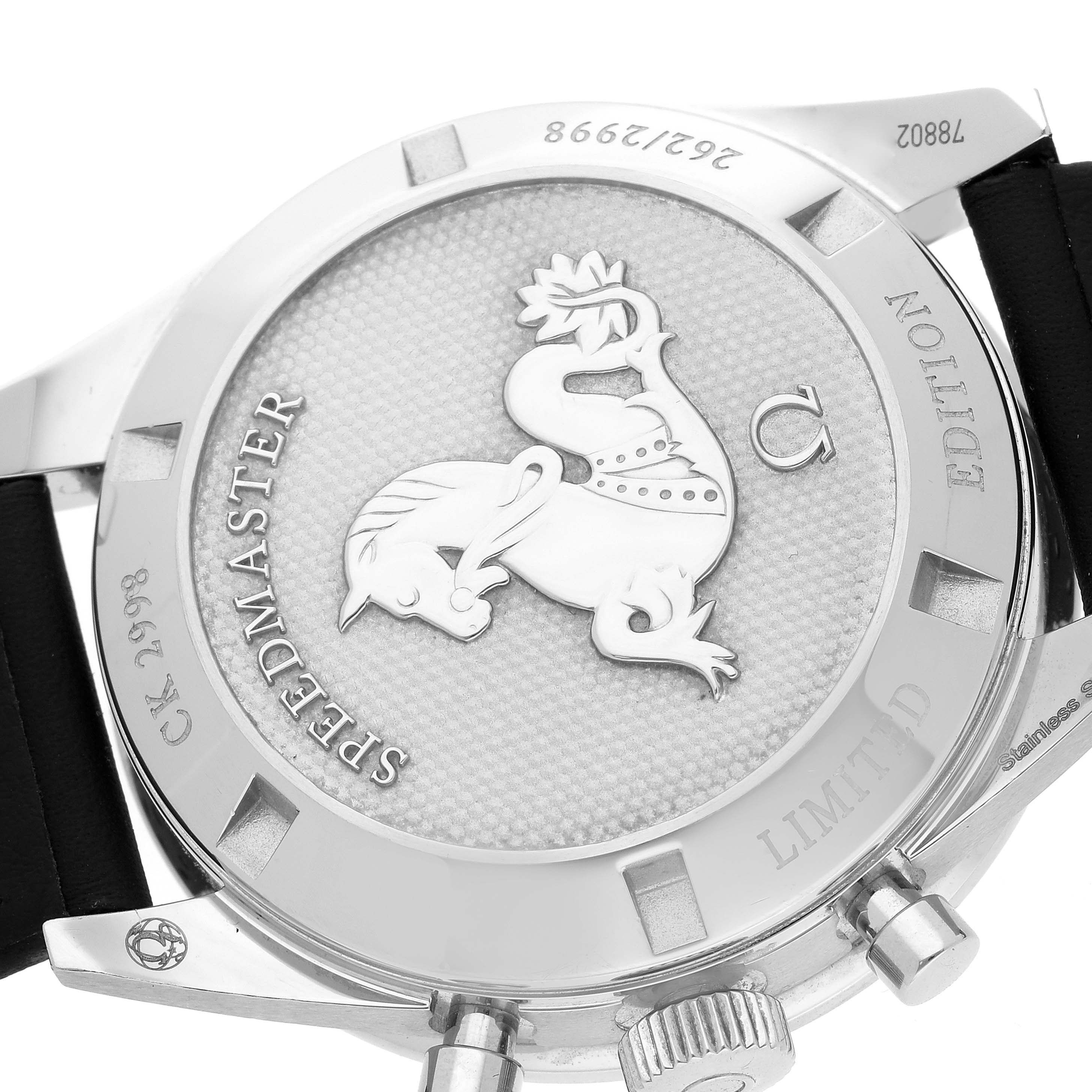 The image shows the back case of an Omega Speedmaster 311.32.40.30.02.001 Men
s Stainless Steel Silver Dial 311.32.40.30.02.001 Men
s Stainless Steel Silver Dial watch, featuring its emblem and limited edition engravings.