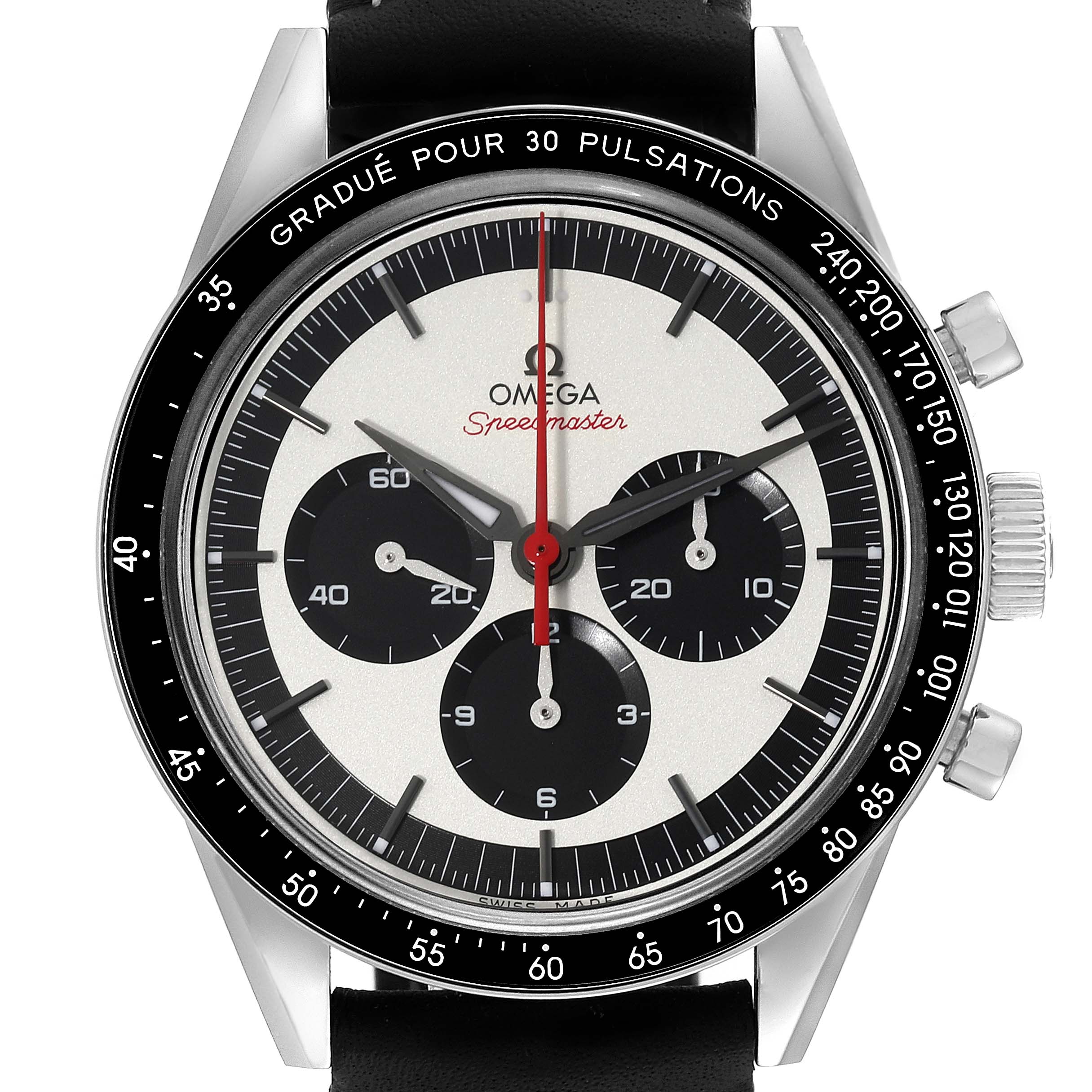 The Omega Speedmaster 311.32.40.30.02.001 Men
s Stainless Steel Silver Dial 311.32.40.30.02.001 Men
s Stainless Steel Silver Dial watch is shown from a front angle, displaying the dial, subdials, hands, bezel, and part of the strap.