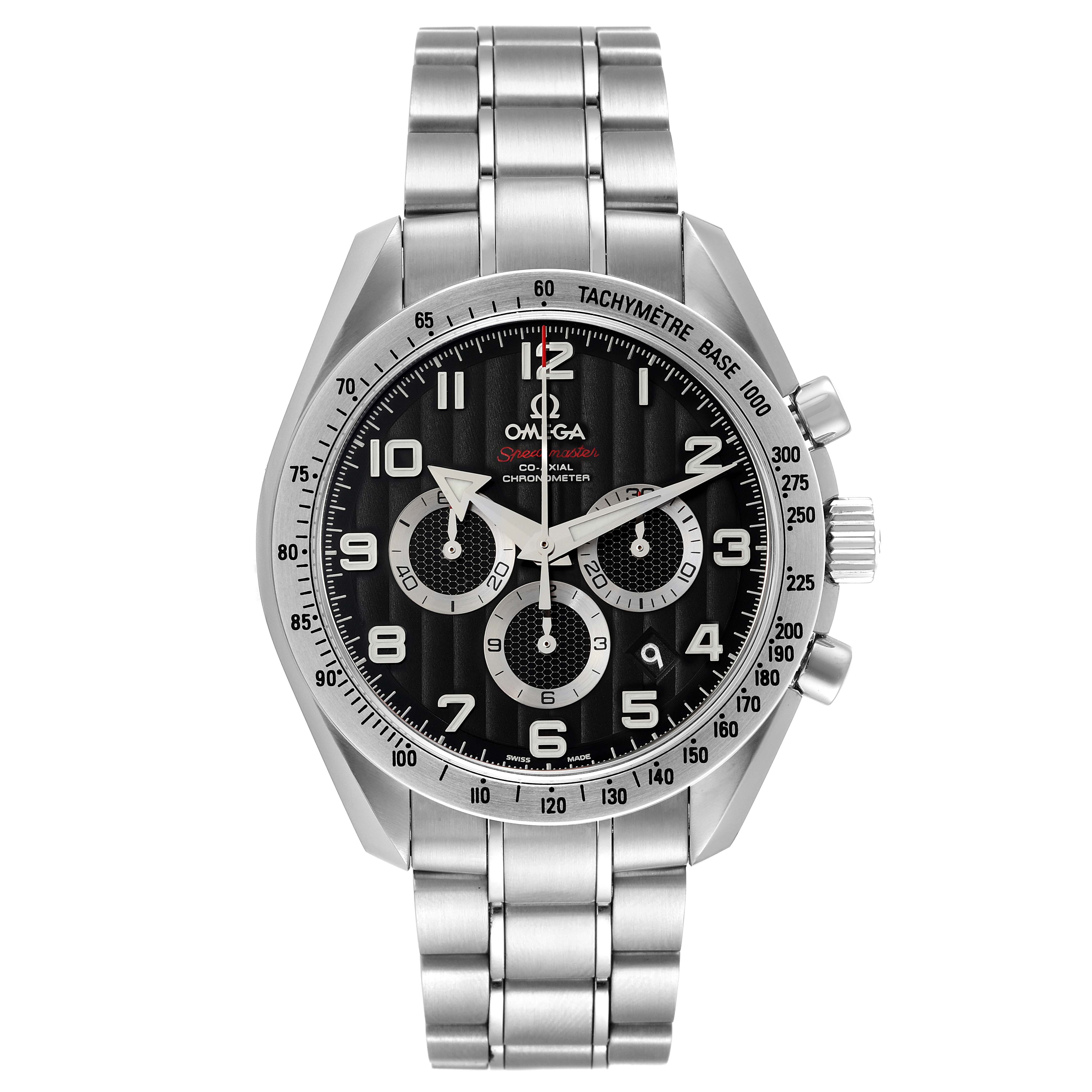 The Omega Speedmaster 321.10.44.50.01.001 Men's Stainless Steel Black Dial 321.10.44.50.01.001 Men's Stainless Steel Black Dial watch is shown from a front view, displaying the dial, tachymeter bezel, and metal bracelet.