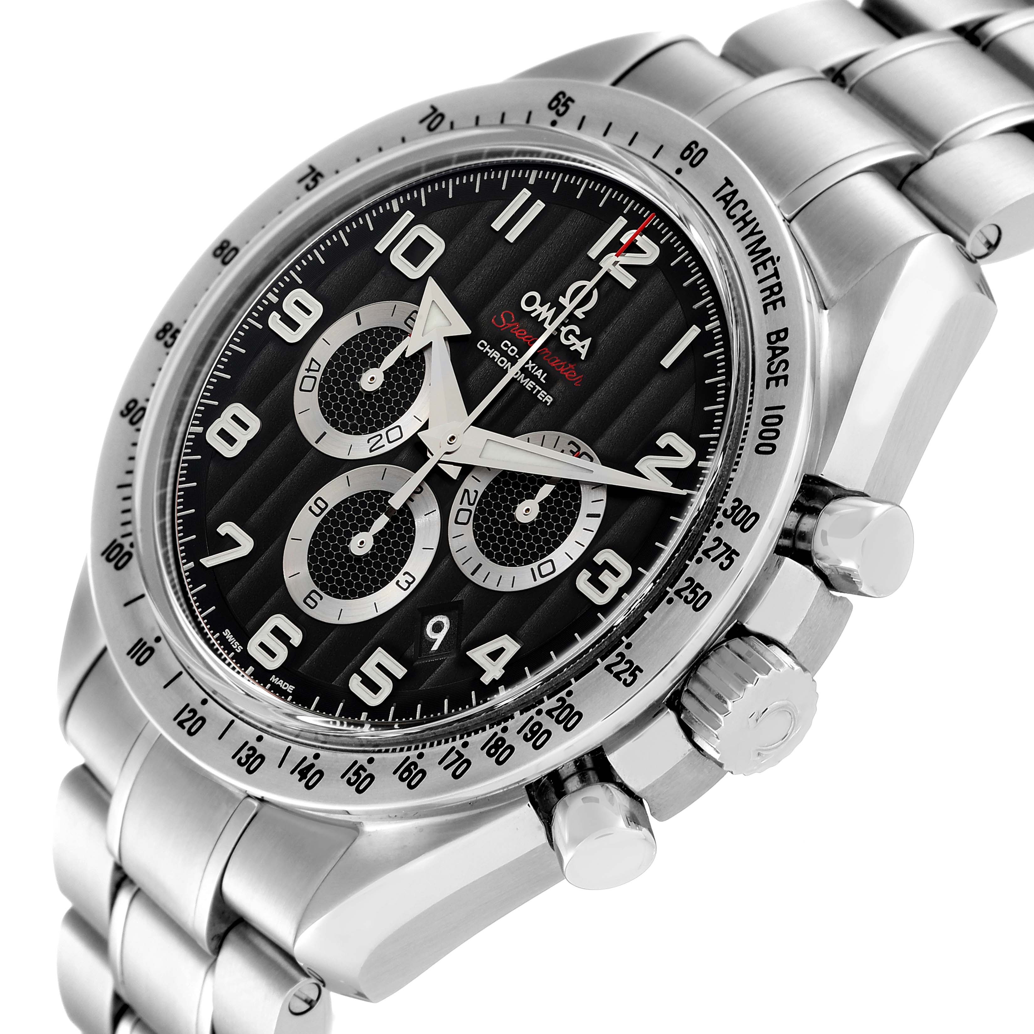 The image shows a close-up side angle of an Omega Speedmaster 321.10.44.50.01.001 Men's Stainless Steel Black Dial 321.10.44.50.01.001 Men's Stainless Steel Black Dial, highlighting its dial, tachymeter, and chronograph pushers.