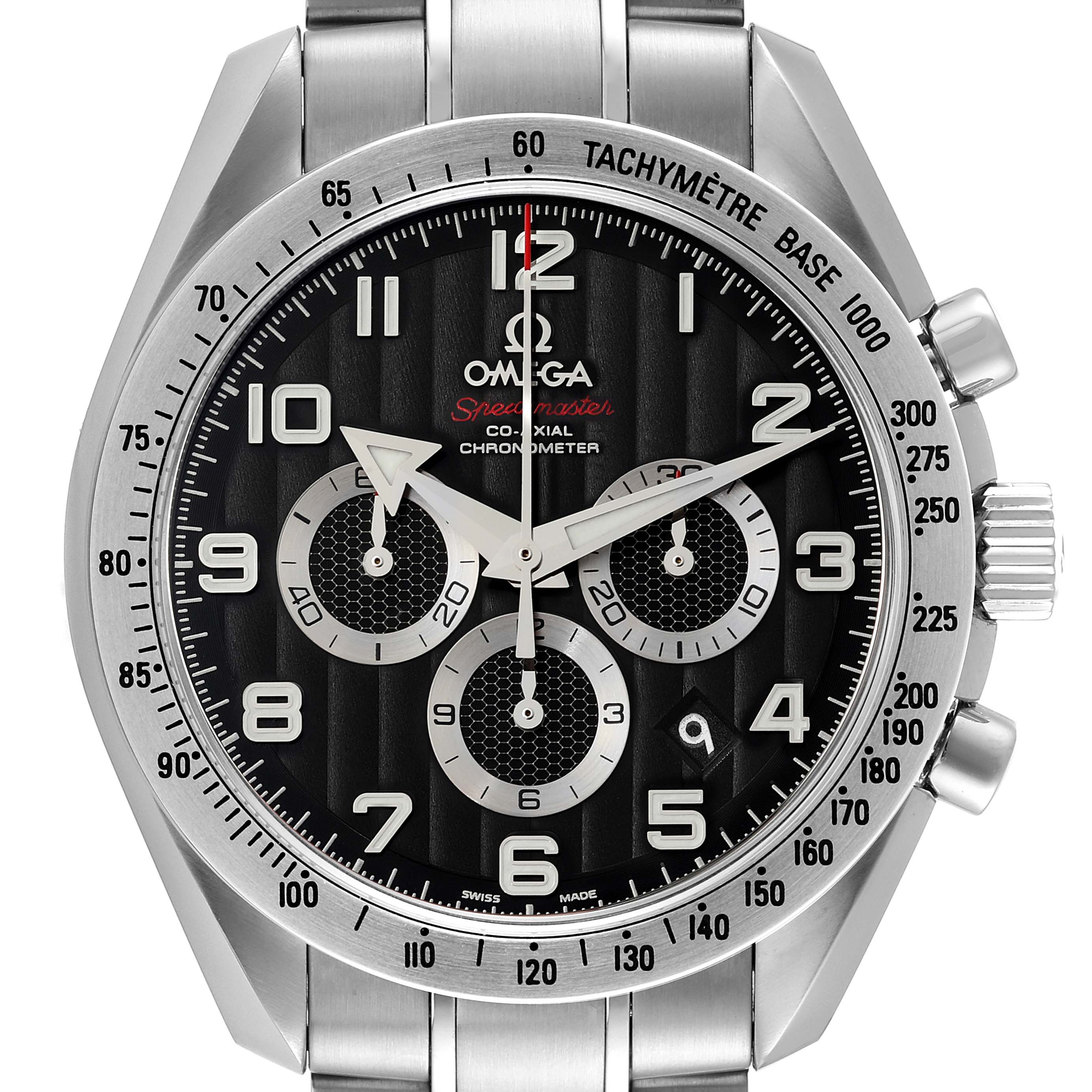 This image shows a frontal view of an Omega Speedmaster 321.10.44.50.01.001 Men's Stainless Steel Black Dial 321.10.44.50.01.001 Men's Stainless Steel Black Dial watch, highlighting the dial, sub-dials, bezel, and crown.