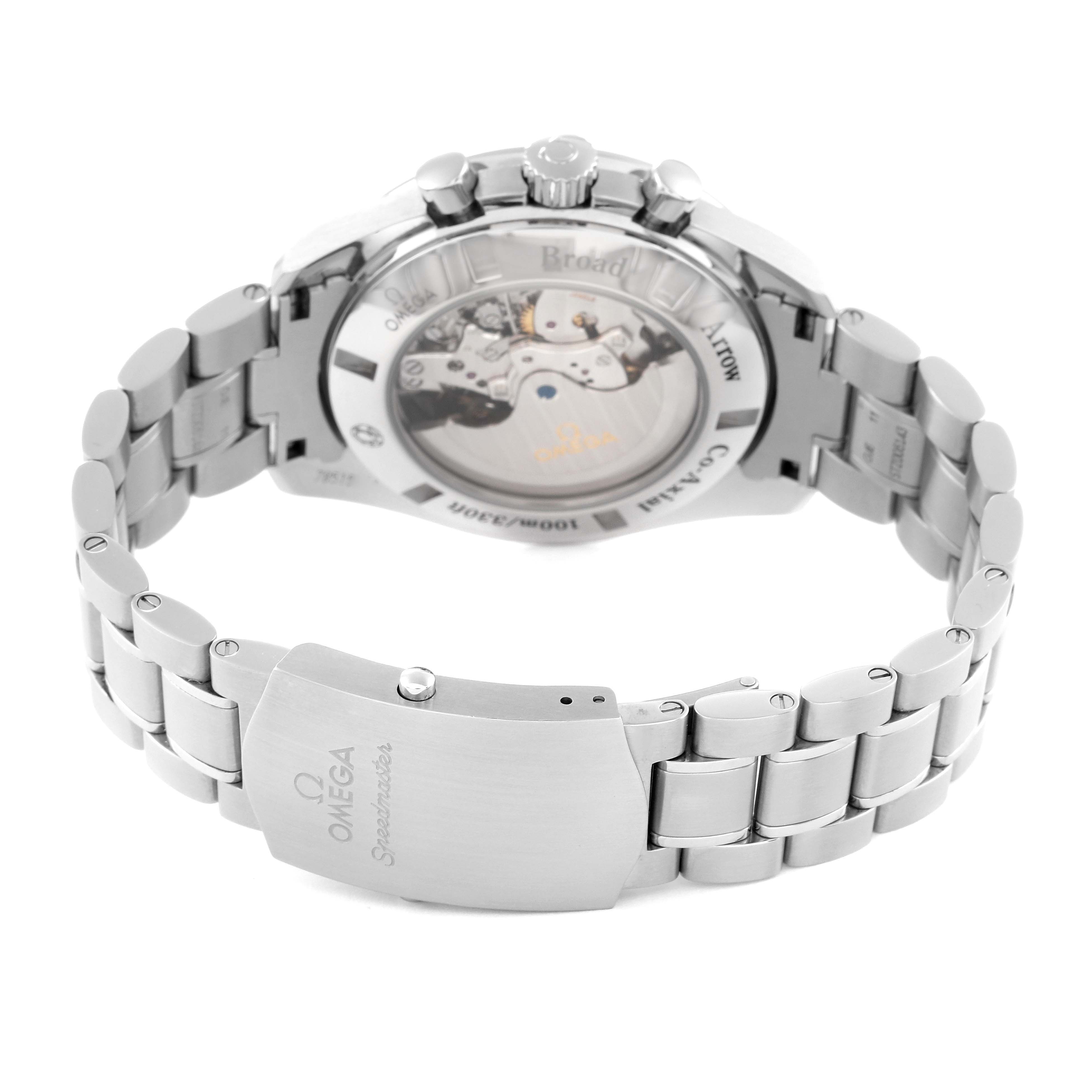 This image shows the back view of an Omega Speedmaster 321.10.44.50.01.001 Men's Stainless Steel Black Dial 321.10.44.50.01.001 Men's Stainless Steel Black Dial watch, highlighting its stainless steel bracelet and transparent case back.