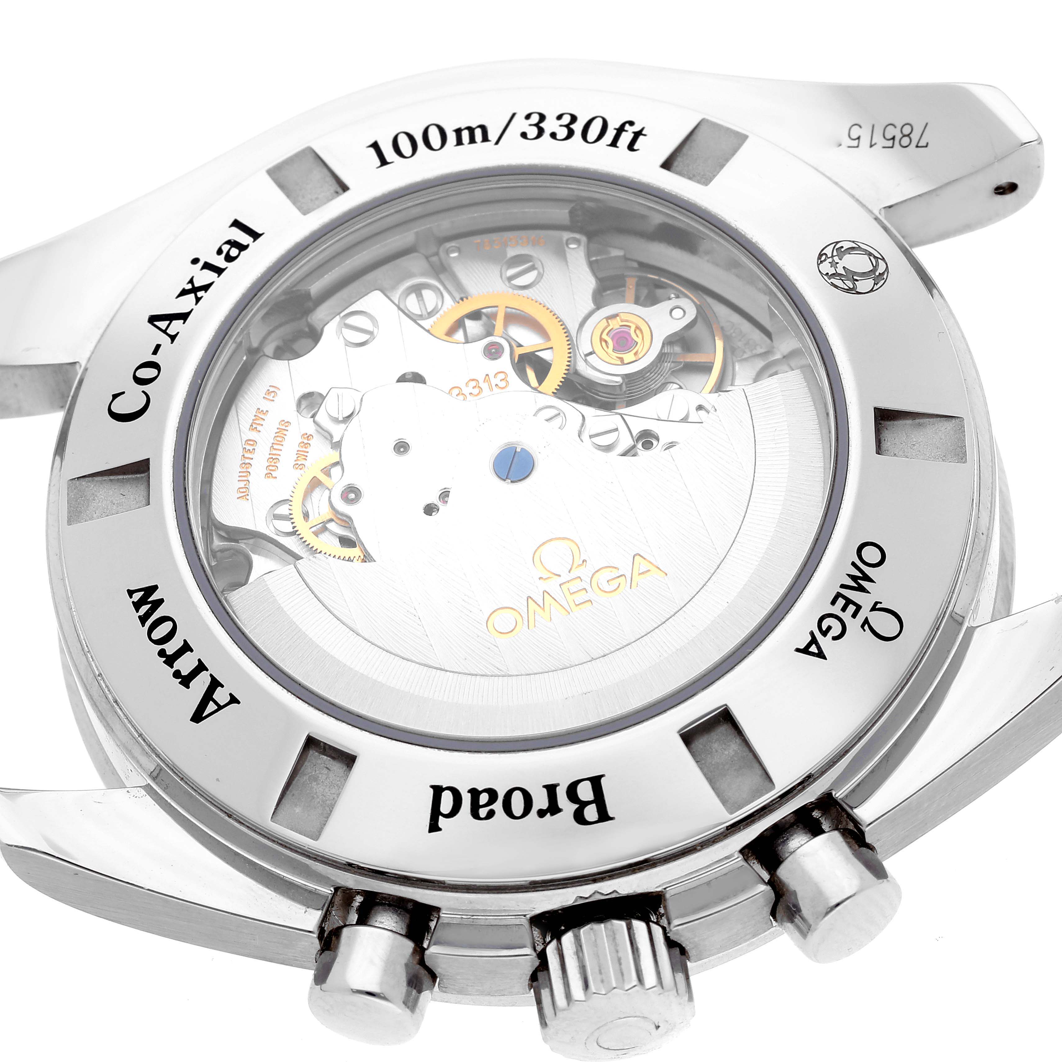 The image shows the case back of an Omega Speedmaster 321.10.44.50.01.001 Men's Stainless Steel Black Dial 321.10.44.50.01.001 Men's Stainless Steel Black Dial watch, highlighting the movement and engraving details.