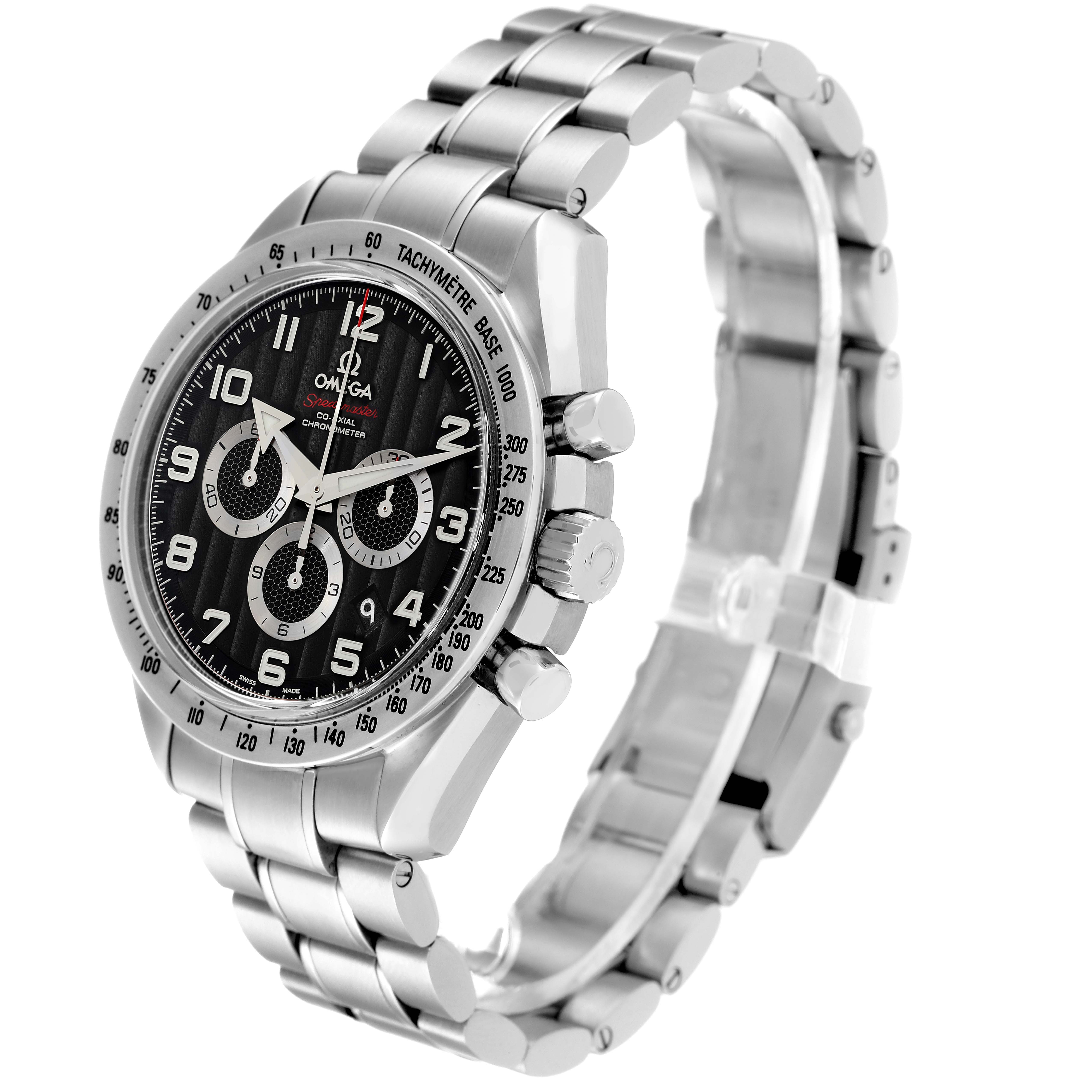 The image shows an Omega Speedmaster 321.10.44.50.01.001 Men's Stainless Steel Black Dial 321.10.44.50.01.001 Men's Stainless Steel Black Dial watch at a three-quarter angle, highlighting its bracelet, dial, and pushers.