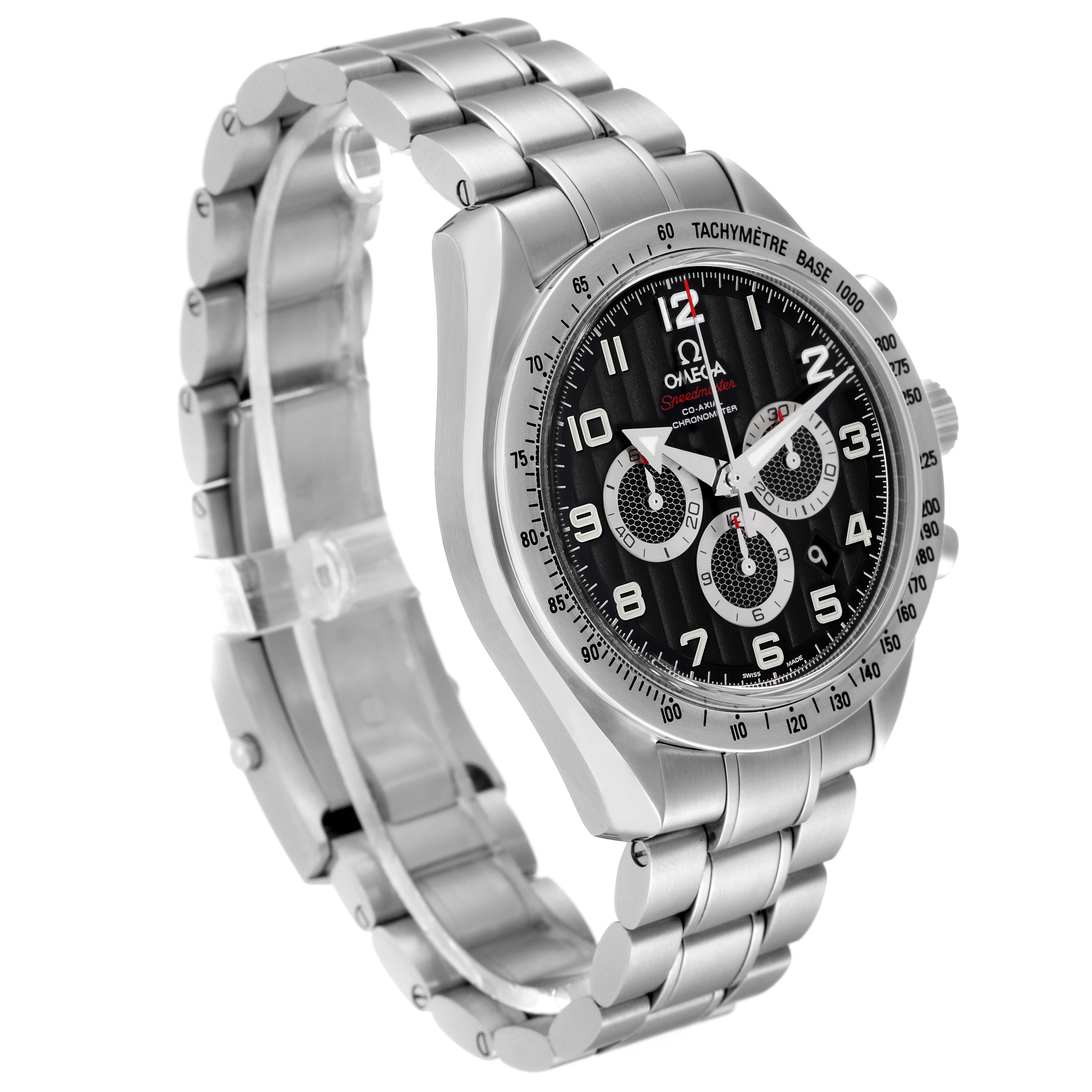 The Omega Speedmaster 321.10.44.50.01.001 Men's Stainless Steel Black Dial 321.10.44.50.01.001 Men's Stainless Steel Black Dial watch is shown at a three-quarter angle, highlighting the bracelet, dial, and tachymeter bezel.