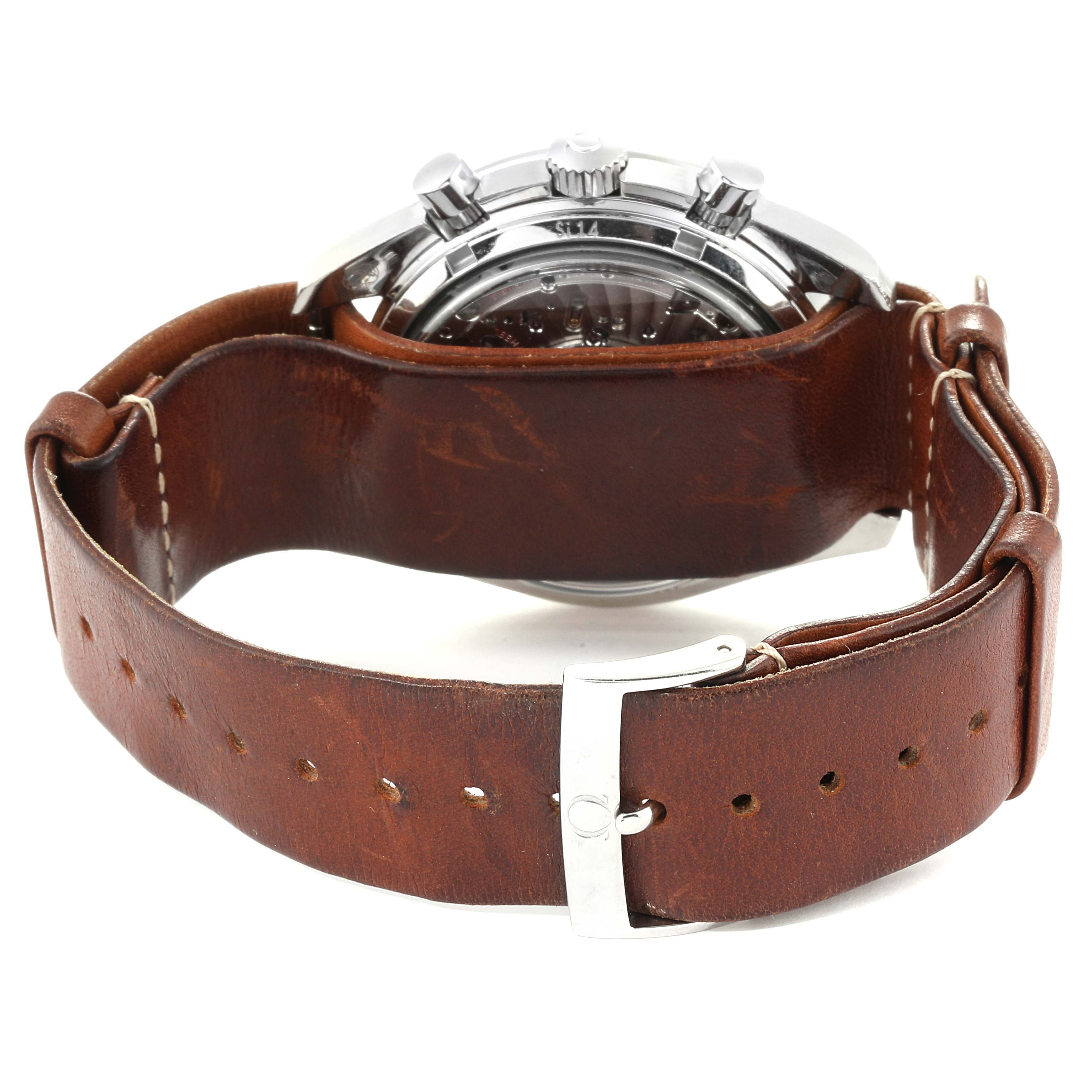 This Omega Speedmaster 311.30.44.51.01.002 Men's Stainless Steel Black Dial 311.30.44.51.01.002 Men's Stainless Steel Black Dial watch is shown from the rear, highlighting the leather strap and stainless steel clasp.