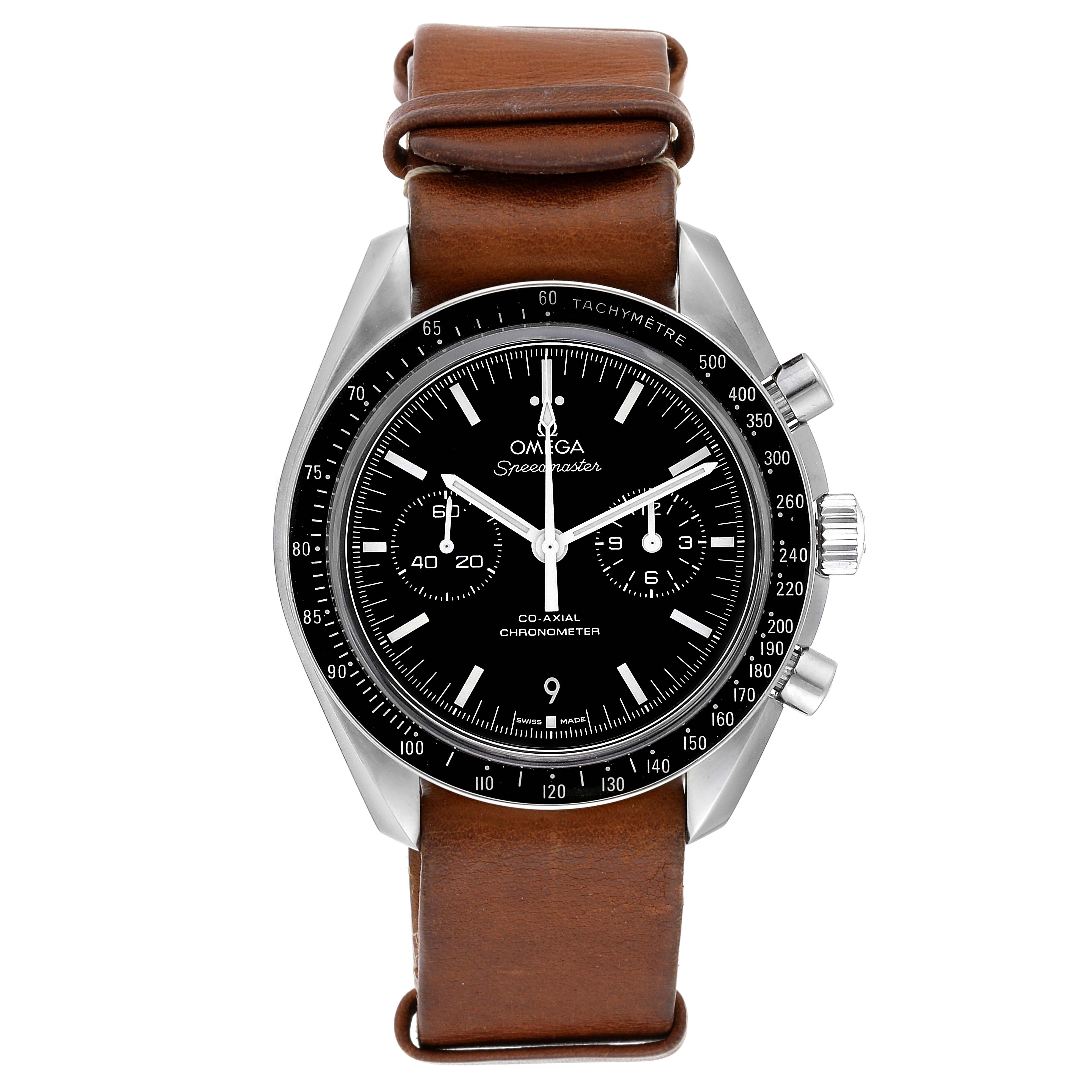 The Omega Speedmaster 311.30.44.51.01.002 Men's Stainless Steel Black Dial 311.30.44.51.01.002 Men's Stainless Steel Black Dial watch is shown from a front angle with its brown leather strap, black dial, and chronograph features.