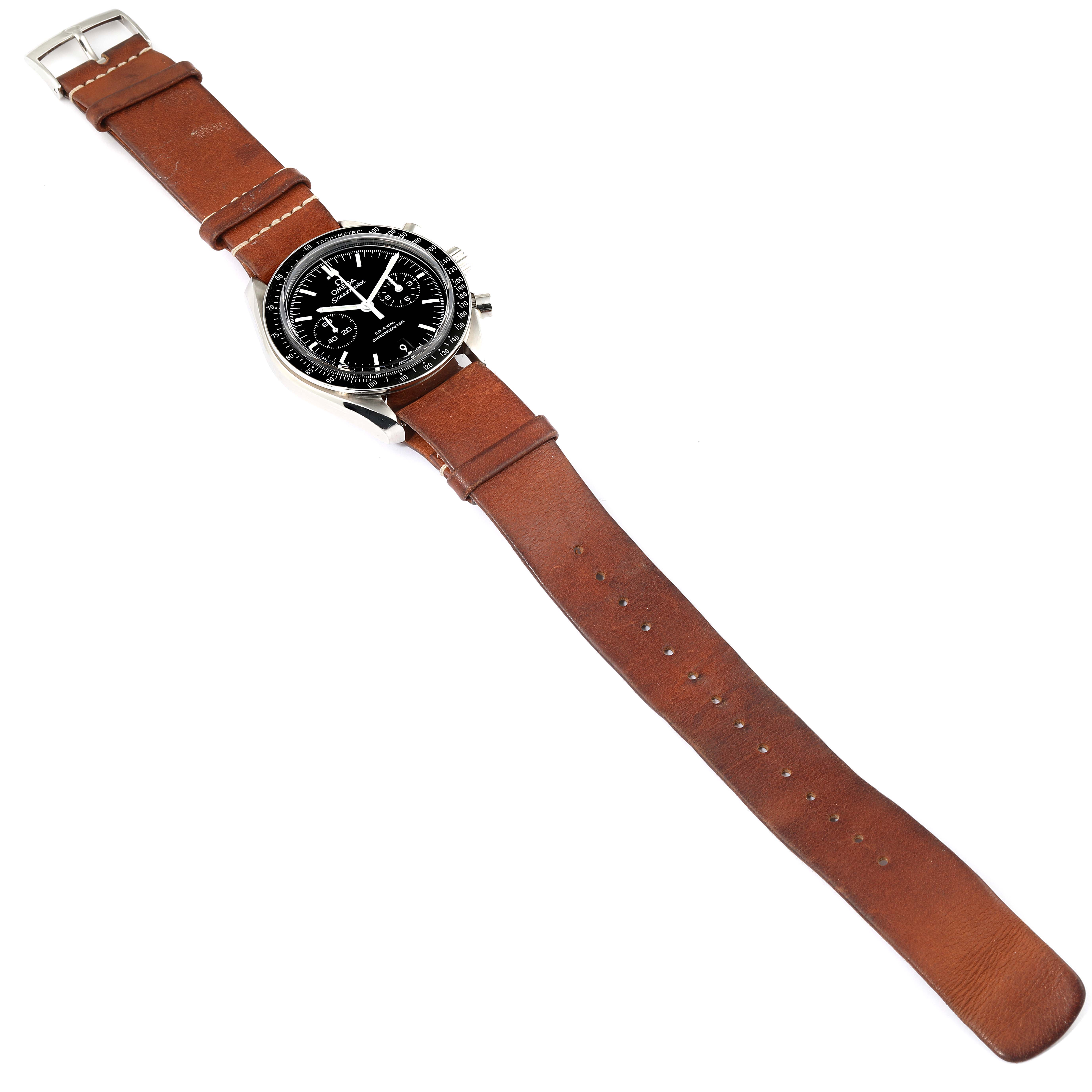 The Omega Speedmaster 311.30.44.51.01.002 Men's Stainless Steel Black Dial 311.30.44.51.01.002 Men's Stainless Steel Black Dial watch is shown from the top view, featuring the dial, case, and brown leather strap.