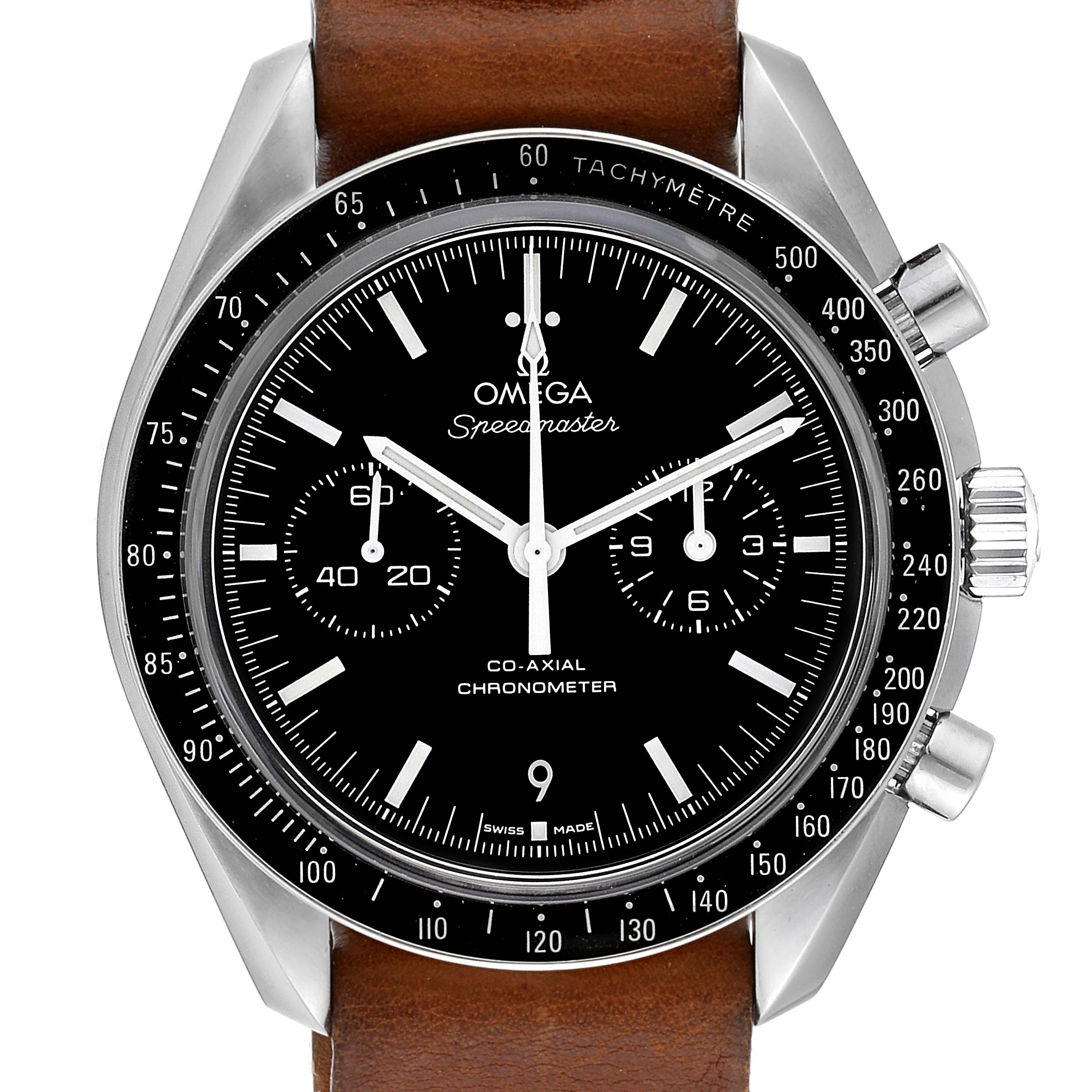 The image shows a front view of an Omega Speedmaster 311.30.44.51.01.002 Men's Stainless Steel Black Dial 311.30.44.51.01.002 Men's Stainless Steel Black Dial watch with a black dial, tachymeter bezel, and a brown leather strap.
