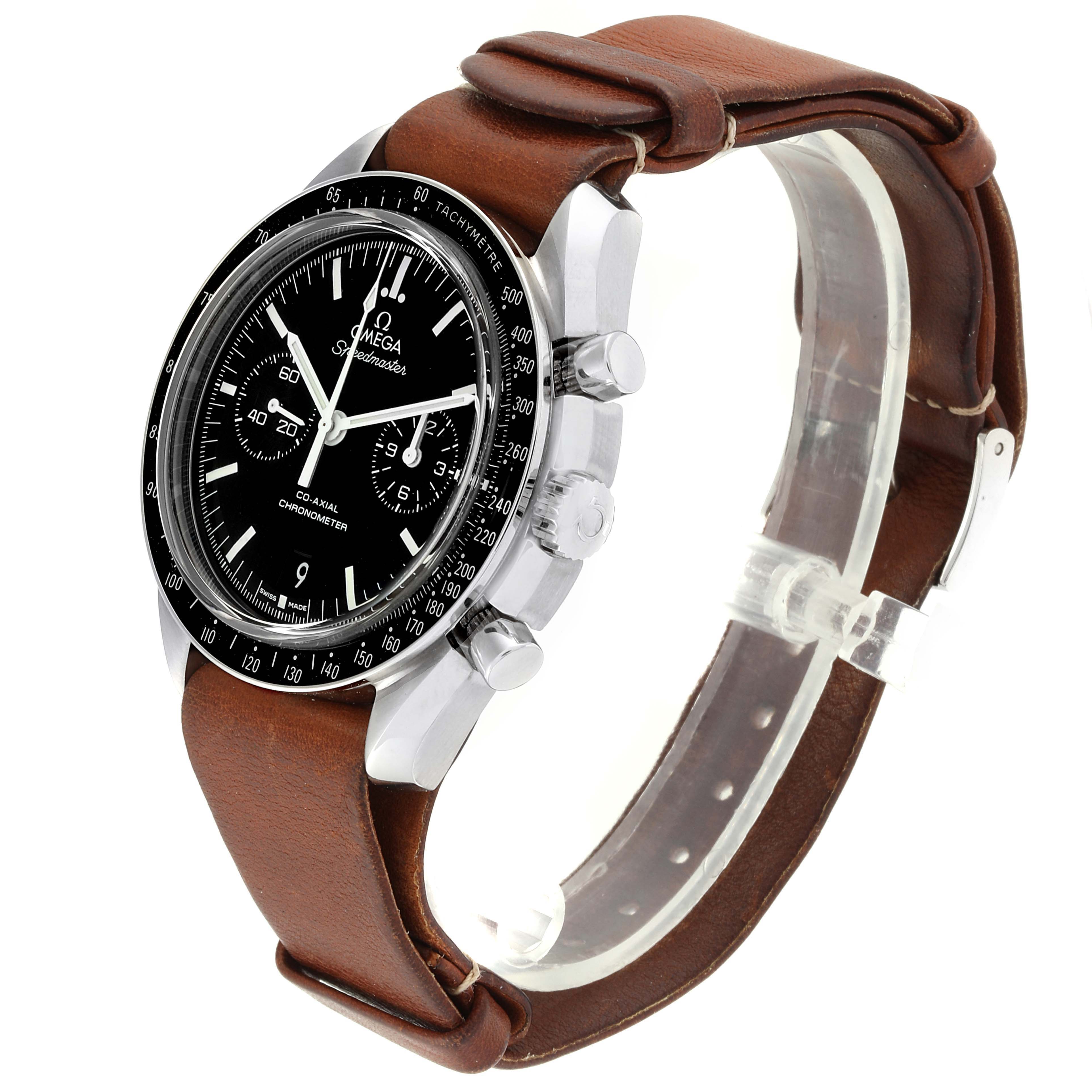 The Omega Speedmaster 311.30.44.51.01.002 Men's Stainless Steel Black Dial 311.30.44.51.01.002 Men's Stainless Steel Black Dial watch is shown at an angle displaying the face, side buttons, and brown leather strap.