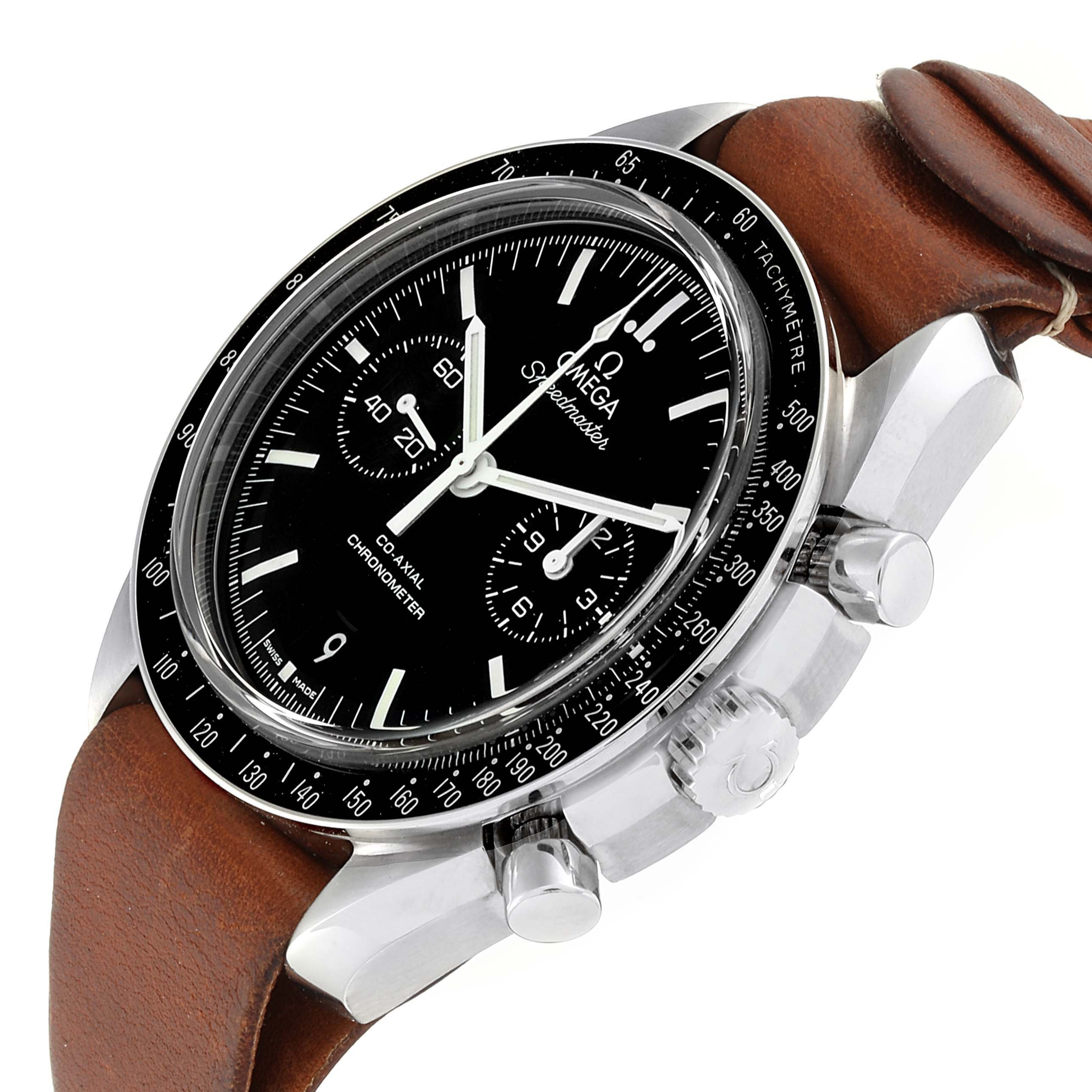 The Omega Speedmaster 311.30.44.51.01.002 Men's Stainless Steel Black Dial 311.30.44.51.01.002 Men's Stainless Steel Black Dial watch is shown at an oblique angle, highlighting the dial, bezel, pushers, and leather strap.