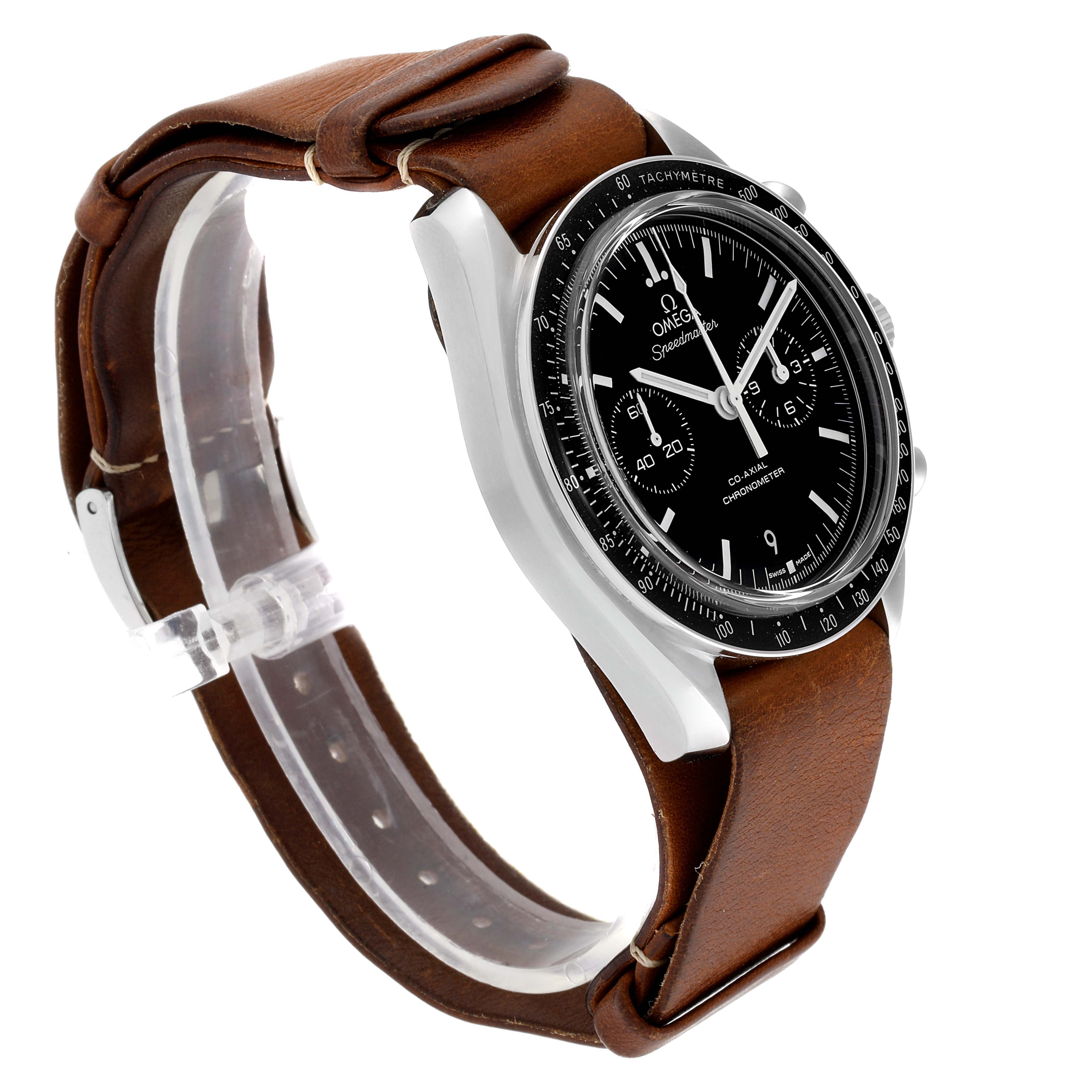 The image features the Omega Speedmaster 311.30.44.51.01.002 Men's Stainless Steel Black Dial 311.30.44.51.01.002 Men's Stainless Steel Black Dial watch, shown in a side profile angle highlighting its dial, bezel, and leather strap.