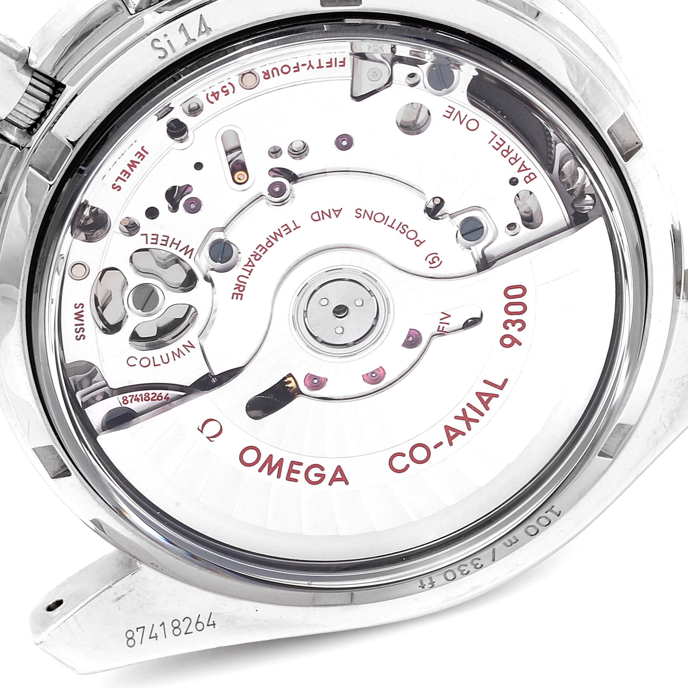 This image shows the back view of the Omega Speedmaster 311.30.44.51.01.002 Men's Stainless Steel Black Dial 311.30.44.51.01.002 Men's Stainless Steel Black Dial watch, highlighting its Co-Axial 9300 movement.