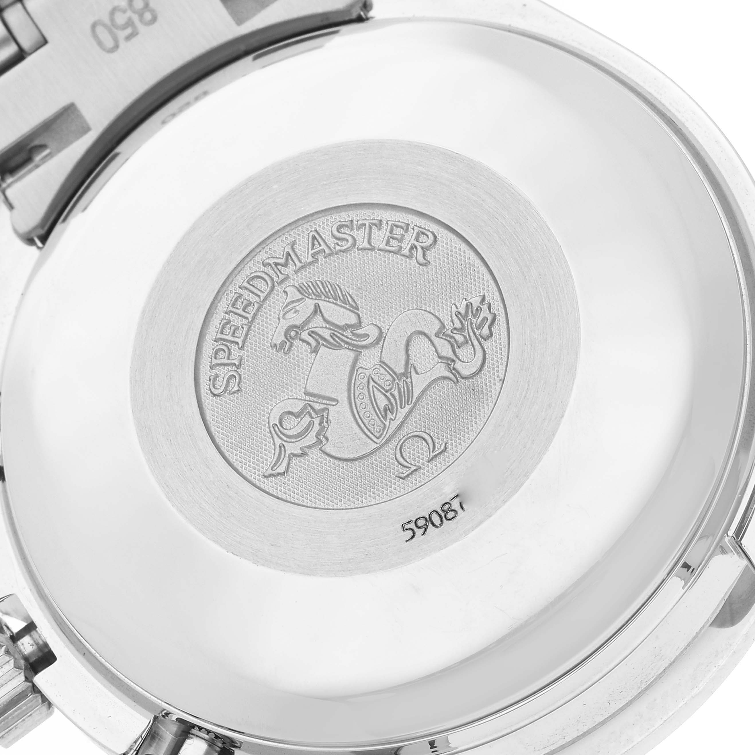 The image shows the case back of an Omega Speedmaster 3513.80.00 Men
s Stainless Steel Blue Dial 3513.80.00 Men
s Stainless Steel Blue Dial watch, featuring the engraved logo and model name.