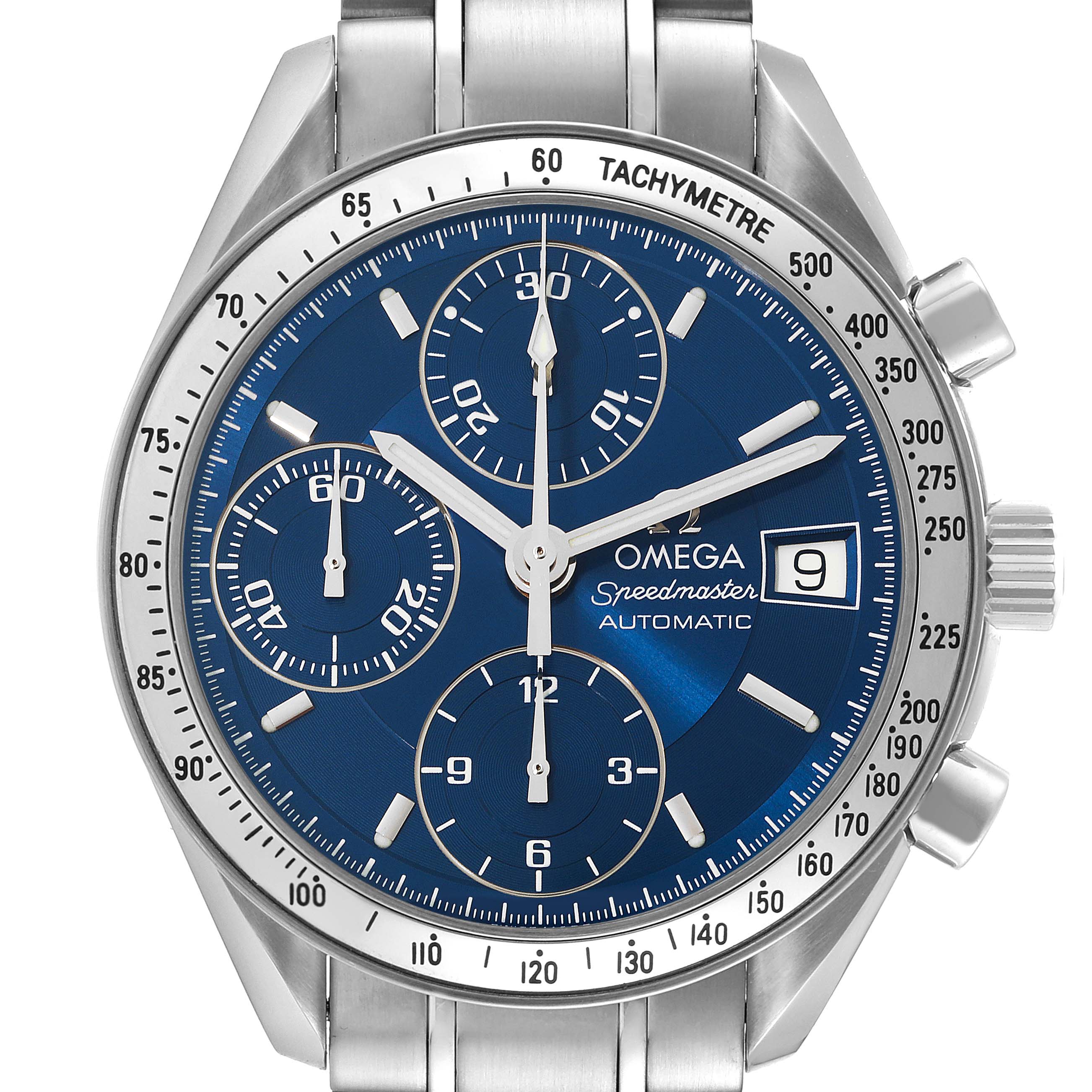 The image shows a front view of an Omega Speedmaster 3513.80.00 Men
s Stainless Steel Blue Dial 3513.80.00 Men
s Stainless Steel Blue Dial watch with a blue dial, chronograph subdials, and a date window.