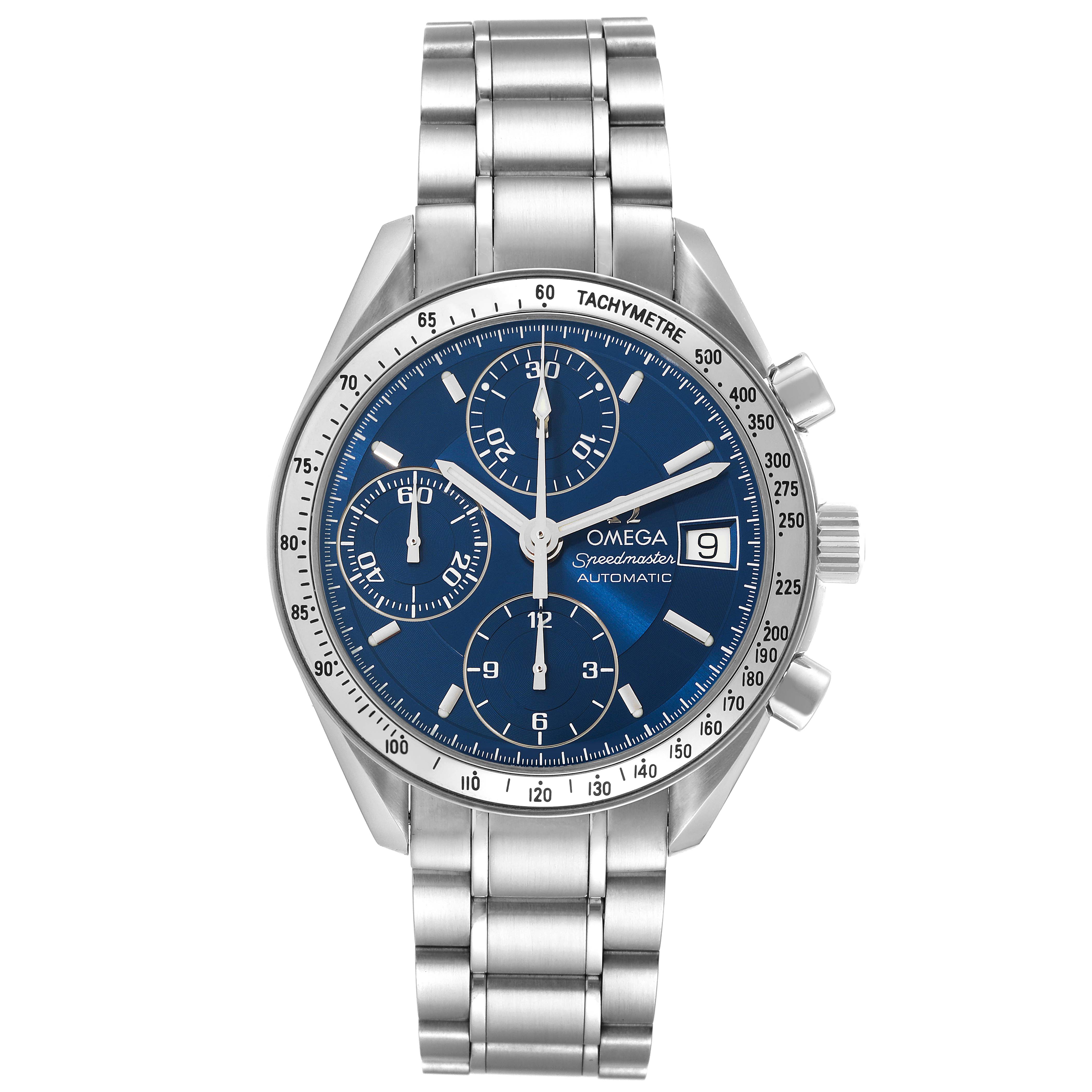 The Omega Speedmaster 3513.80.00 Men
s Stainless Steel Blue Dial 3513.80.00 Men
s Stainless Steel Blue Dial watch is shown from the front, highlighting its blue dial, chronograph subdials, and stainless steel bracelet.