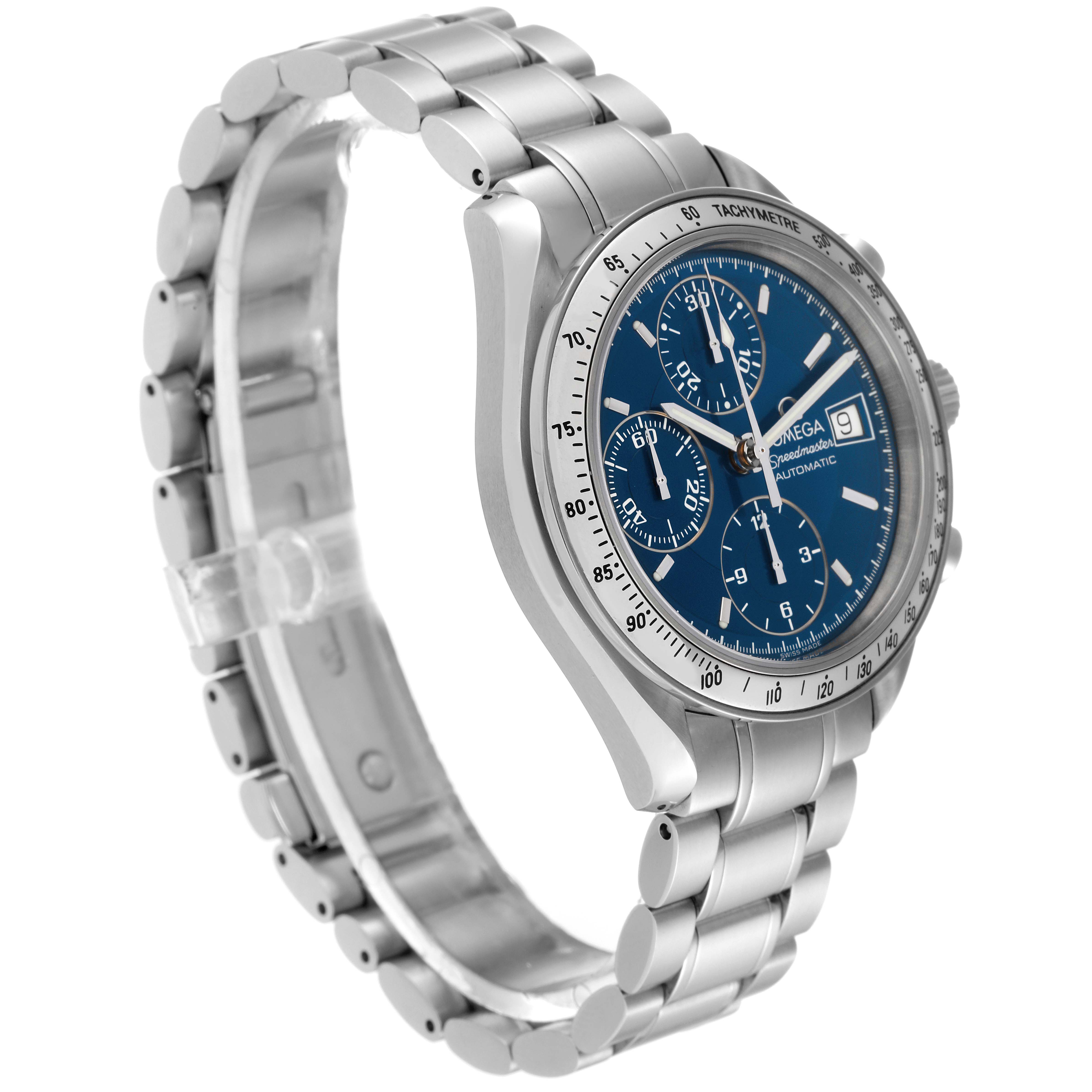 This is a side angle showing the Omega Speedmaster 3513.80.00 Men
s Stainless Steel Blue Dial 3513.80.00 Men
s Stainless Steel Blue Dial watch
s face, case, and metal bracelet.
