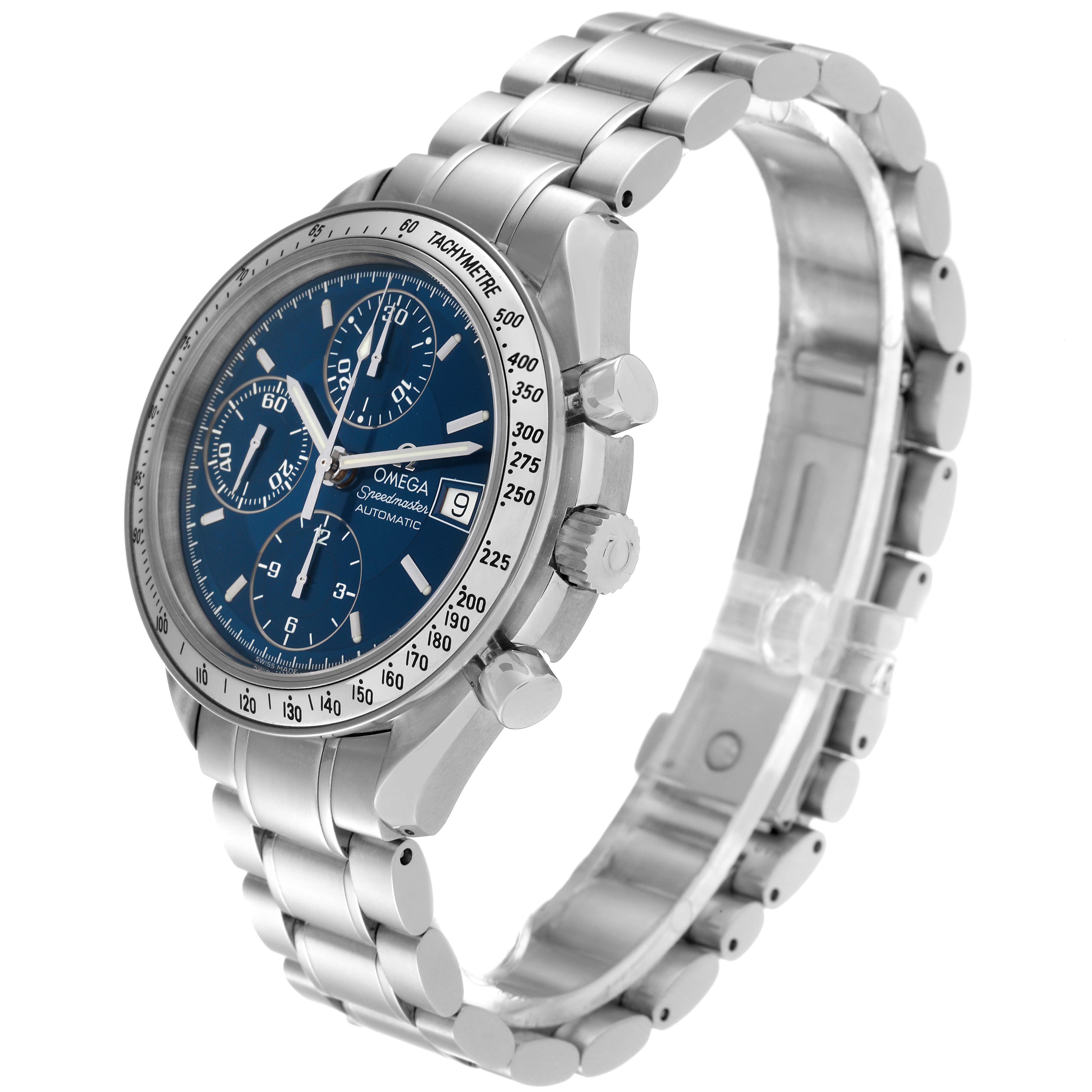 The image shows a left-side angle of the Omega Speedmaster 3513.80.00 Men
s Stainless Steel Blue Dial 3513.80.00 Men
s Stainless Steel Blue Dial watch, highlighting the face, crown, pushers, and stainless steel bracelet.
