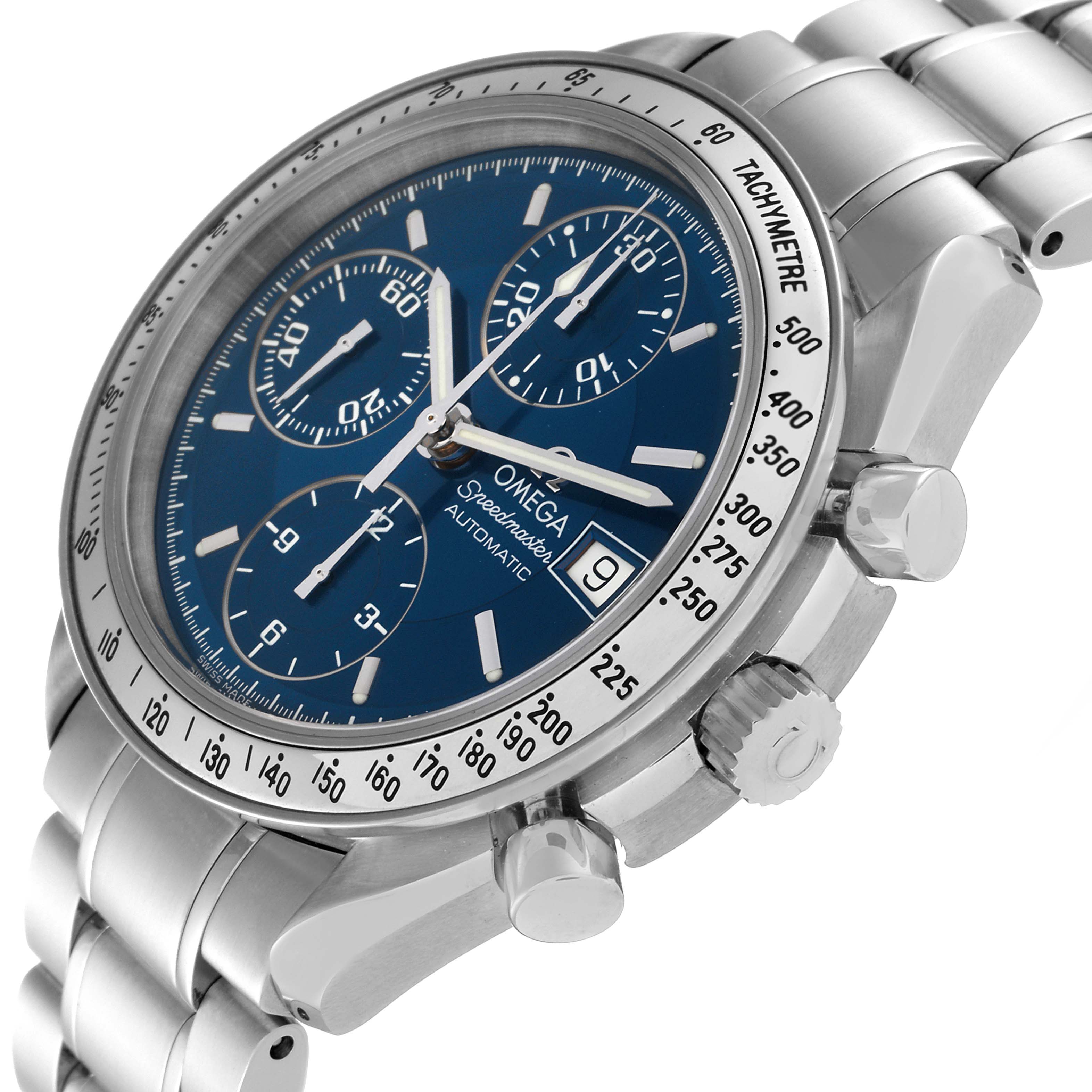 The image shows an angled view of the Omega Speedmaster 3513.80.00 Men
s Stainless Steel Blue Dial 3513.80.00 Men
s Stainless Steel Blue Dial
s face, including the tachymeter bezel, subdials, and crown.