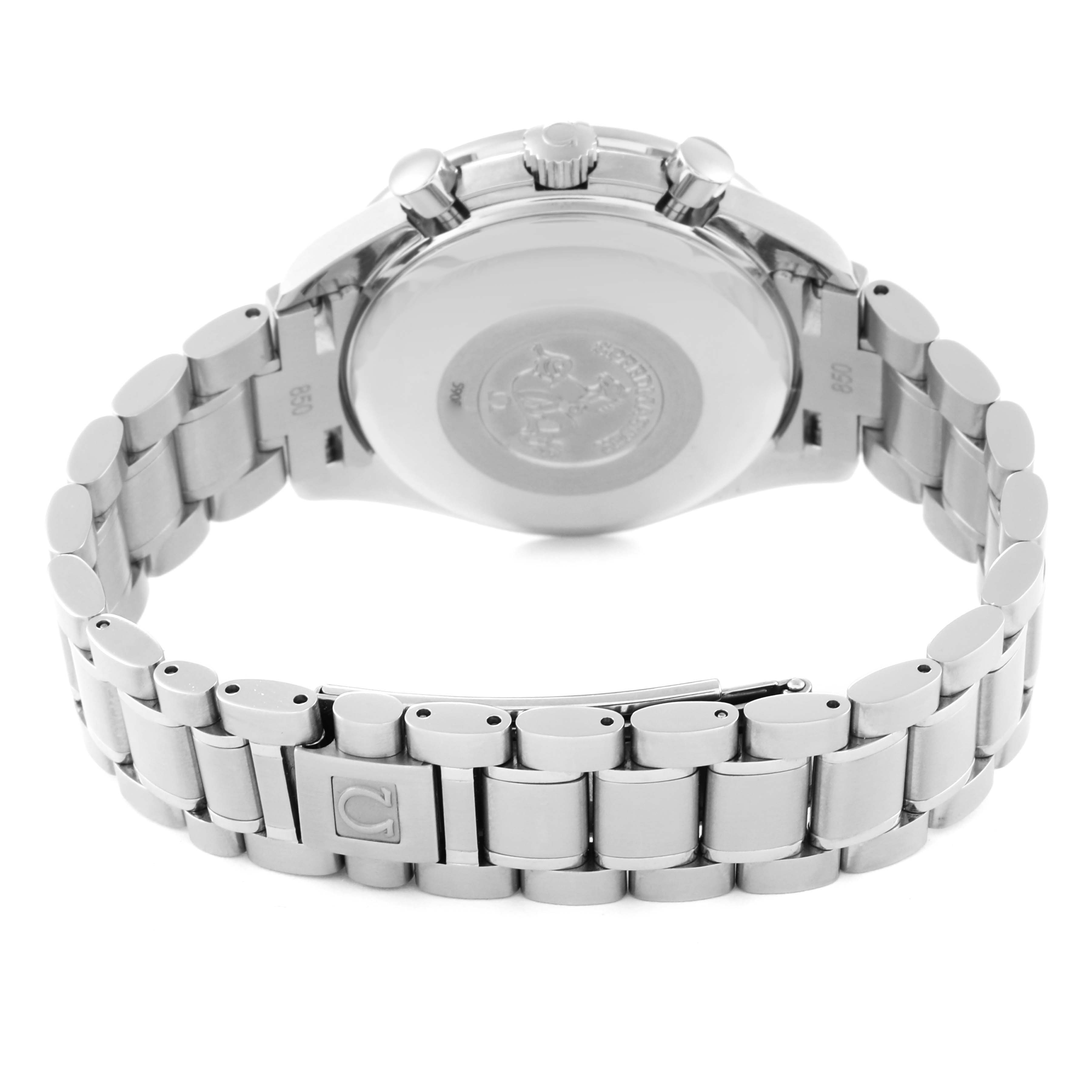 The image shows the back and bracelet of an Omega Speedmaster 3513.80.00 Men
s Stainless Steel Blue Dial 3513.80.00 Men
s Stainless Steel Blue Dial watch, highlighting the clasp and case back.