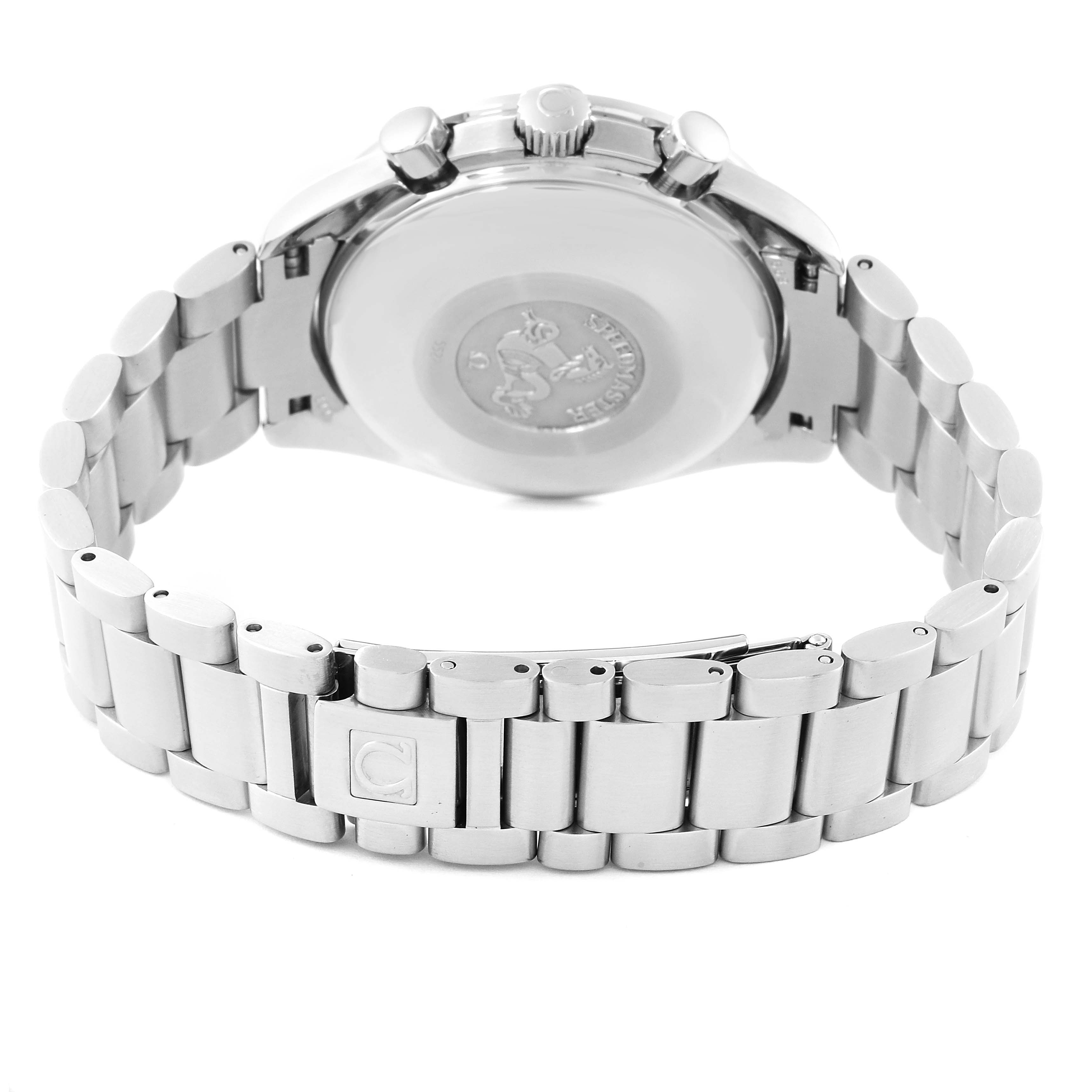 The image shows the Omega Speedmaster 3513.53.00 Men
s Stainless Steel Black Dial 3513.53.00 Men
s Stainless Steel Black Dial
s back case, crown, and metal bracelet from a rear angle.