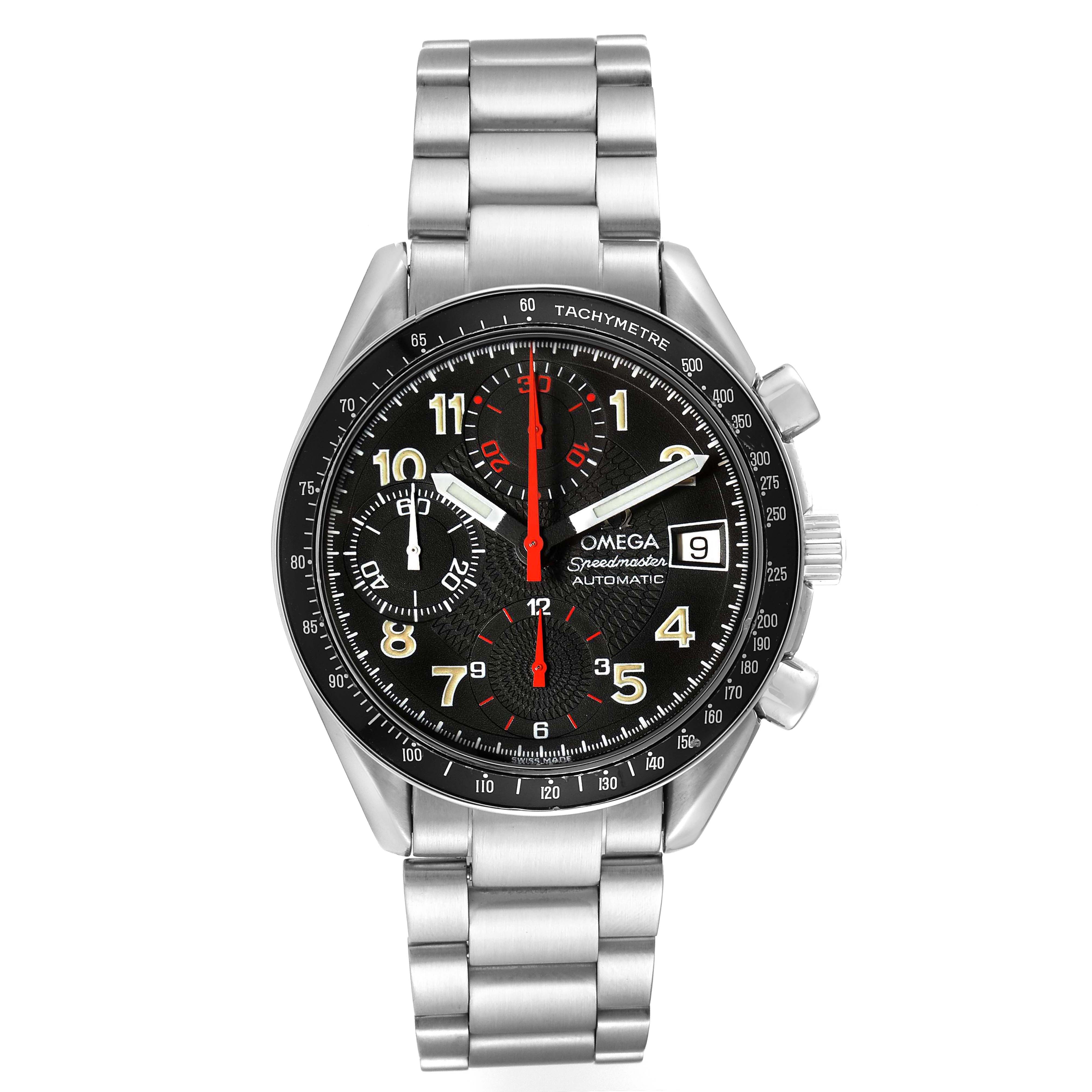 The Omega Speedmaster 3513.53.00 Men
s Stainless Steel Black Dial 3513.53.00 Men
s Stainless Steel Black Dial watch is shown from a front angle, displaying the dial, tachymeter bezel, date window, and stainless steel bracelet.