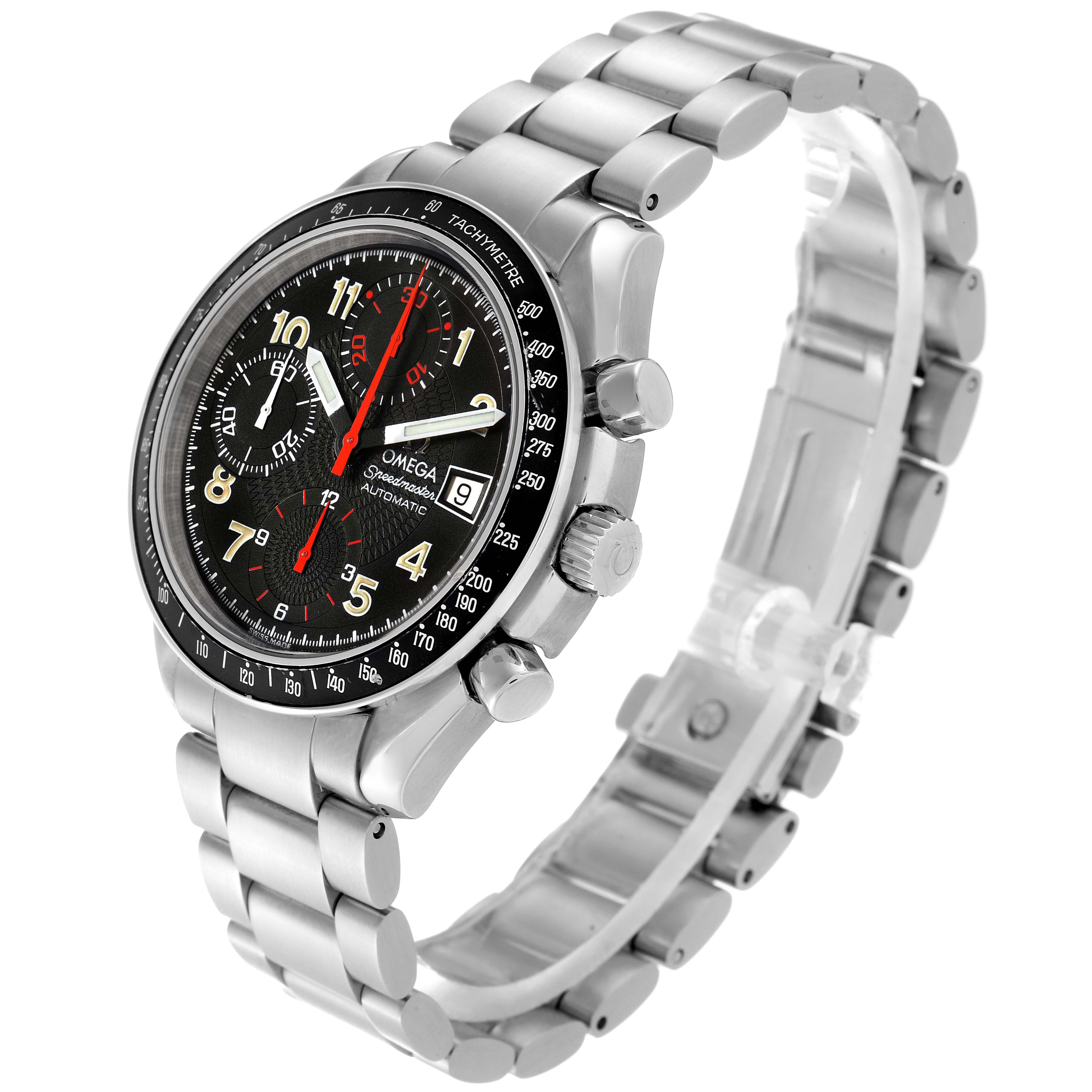 The image shows an Omega Speedmaster 3513.53.00 Men
s Stainless Steel Black Dial 3513.53.00 Men
s Stainless Steel Black Dial watch at a tilted angle, highlighting its face, crown, push buttons, and bracelet.