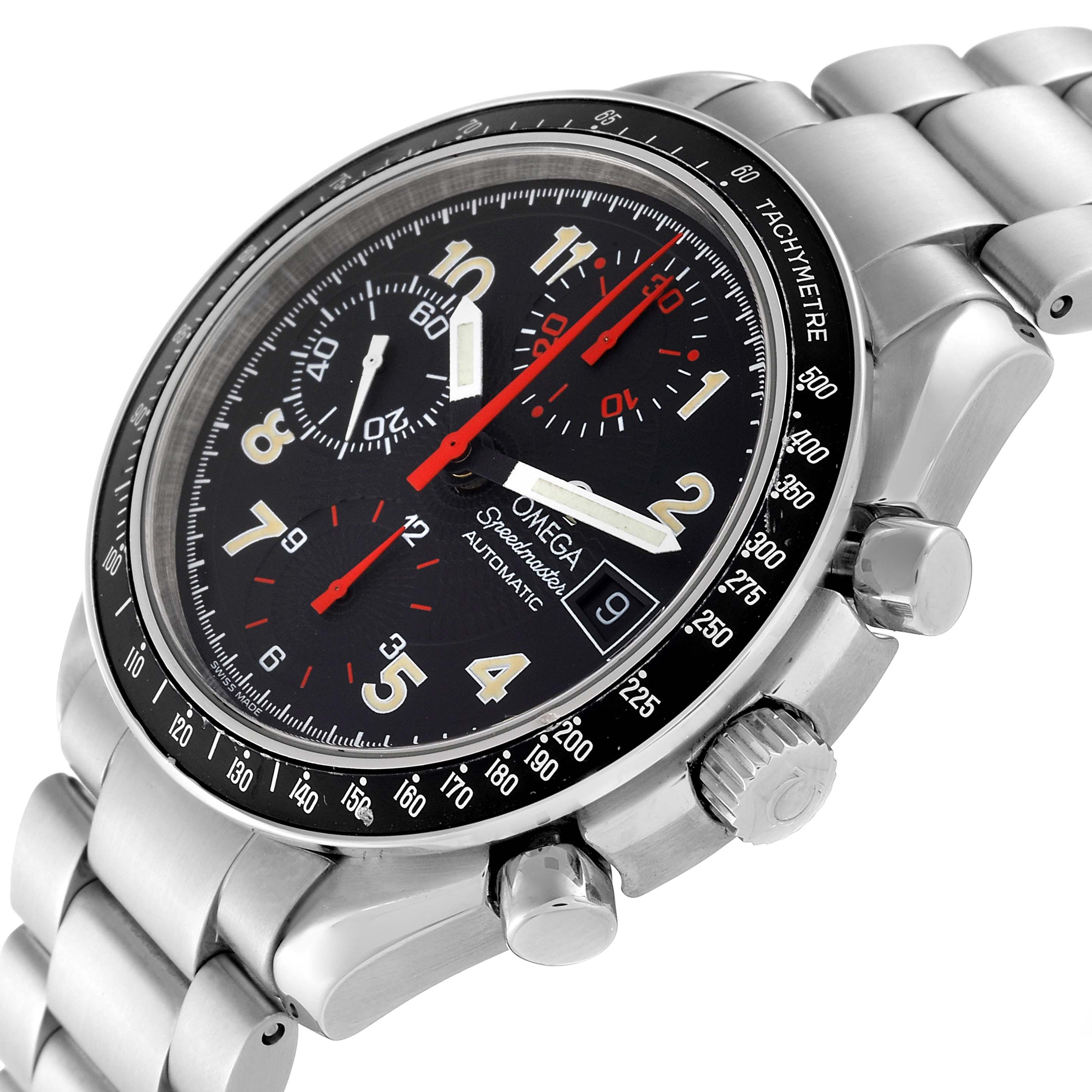 The image shows an angled view of an Omega Speedmaster 3513.53.00 Men
s Stainless Steel Black Dial 3513.53.00 Men
s Stainless Steel Black Dial watch, highlighting the face, bezel, and bracelet.