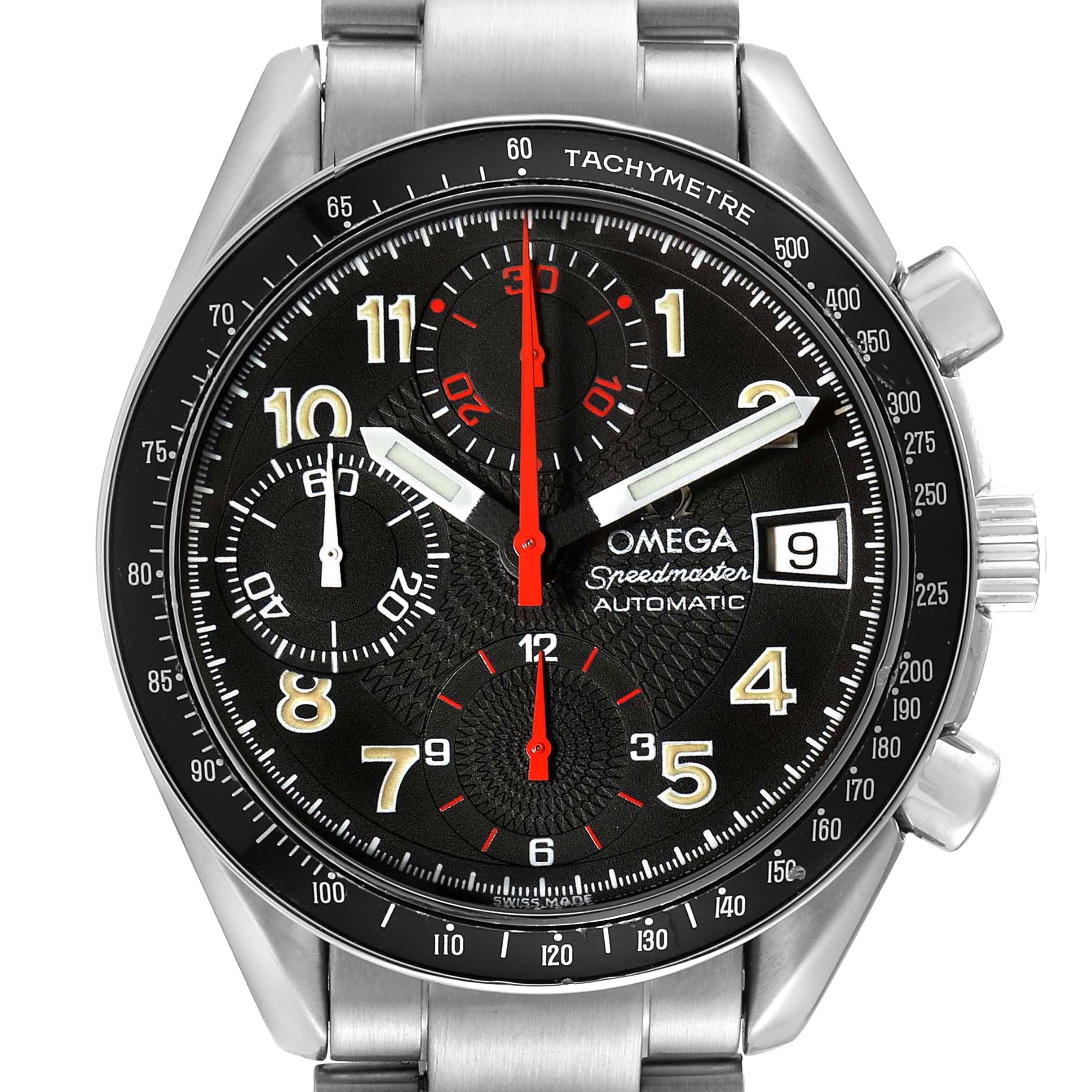 The image shows a frontal view of an Omega Speedmaster 3513.53.00 Men
s Stainless Steel Black Dial 3513.53.00 Men
s Stainless Steel Black Dial watch, displaying the face, bezel, sub-dials, and part of the bracelet.