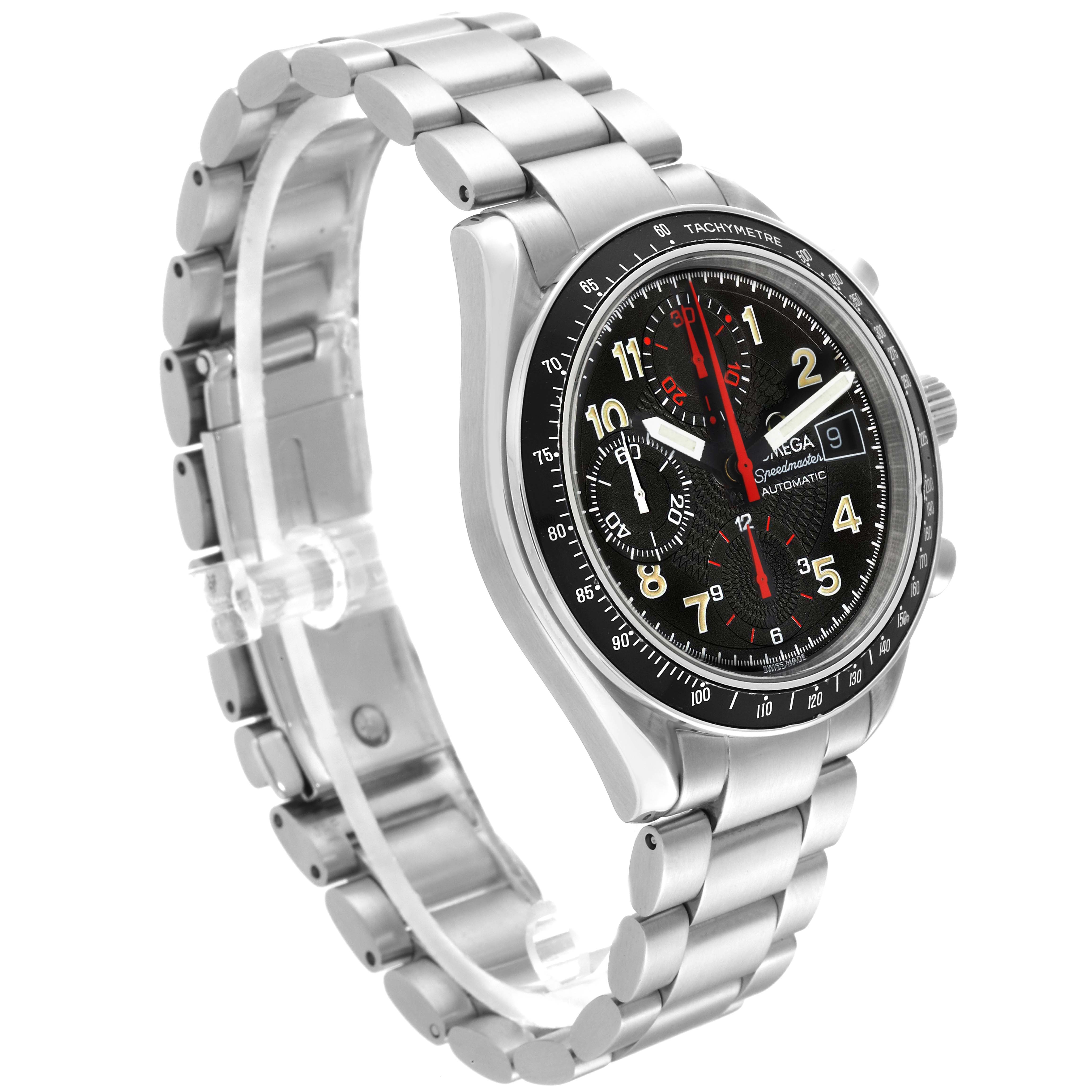 The Omega Speedmaster 3513.53.00 Men
s Stainless Steel Black Dial 3513.53.00 Men
s Stainless Steel Black Dial watch is shown at an oblique angle, highlighting the watch face, case, and metal bracelet.