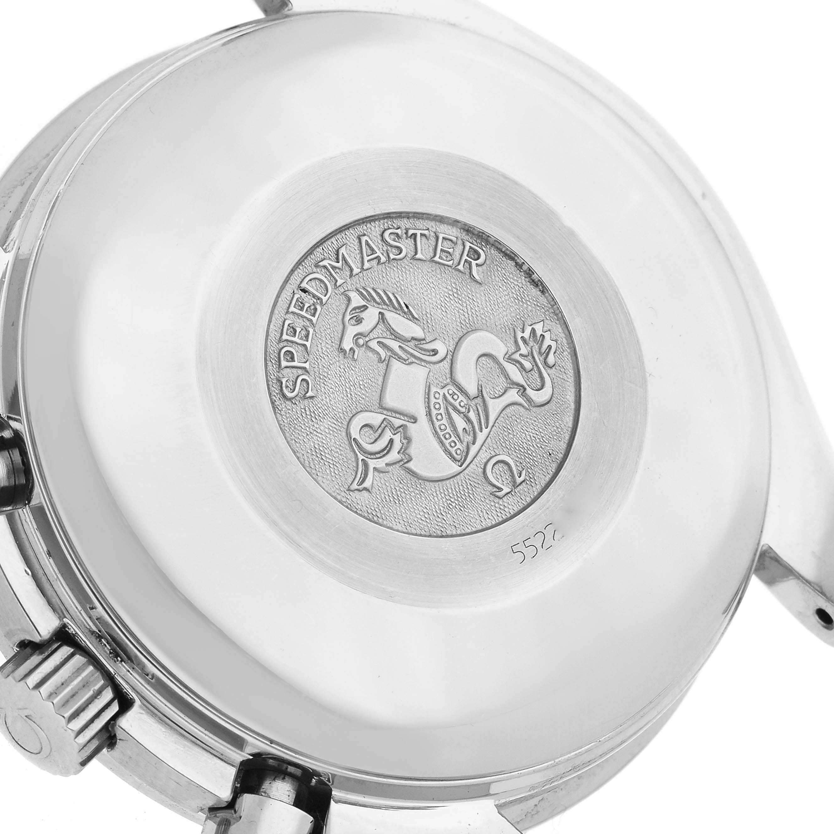 This image shows the case back of an Omega Speedmaster 3513.53.00 Men
s Stainless Steel Black Dial 3513.53.00 Men
s Stainless Steel Black Dial watch, displaying the Speedmaster logo and engraving.