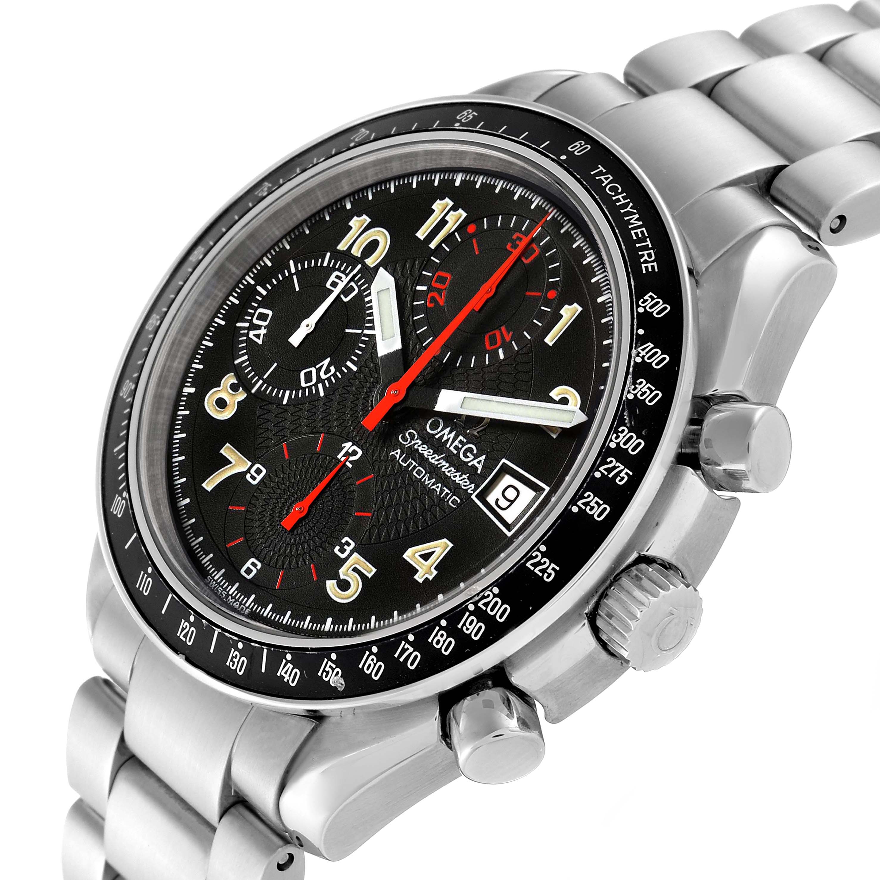 The Omega Speedmaster 3513.53.00 Men
s Stainless Steel Black Dial 3513.53.00 Men
s Stainless Steel Black Dial watch is shown at a tilted angle, displaying the dial, bezel, crown, pushers, and stainless steel bracelet.