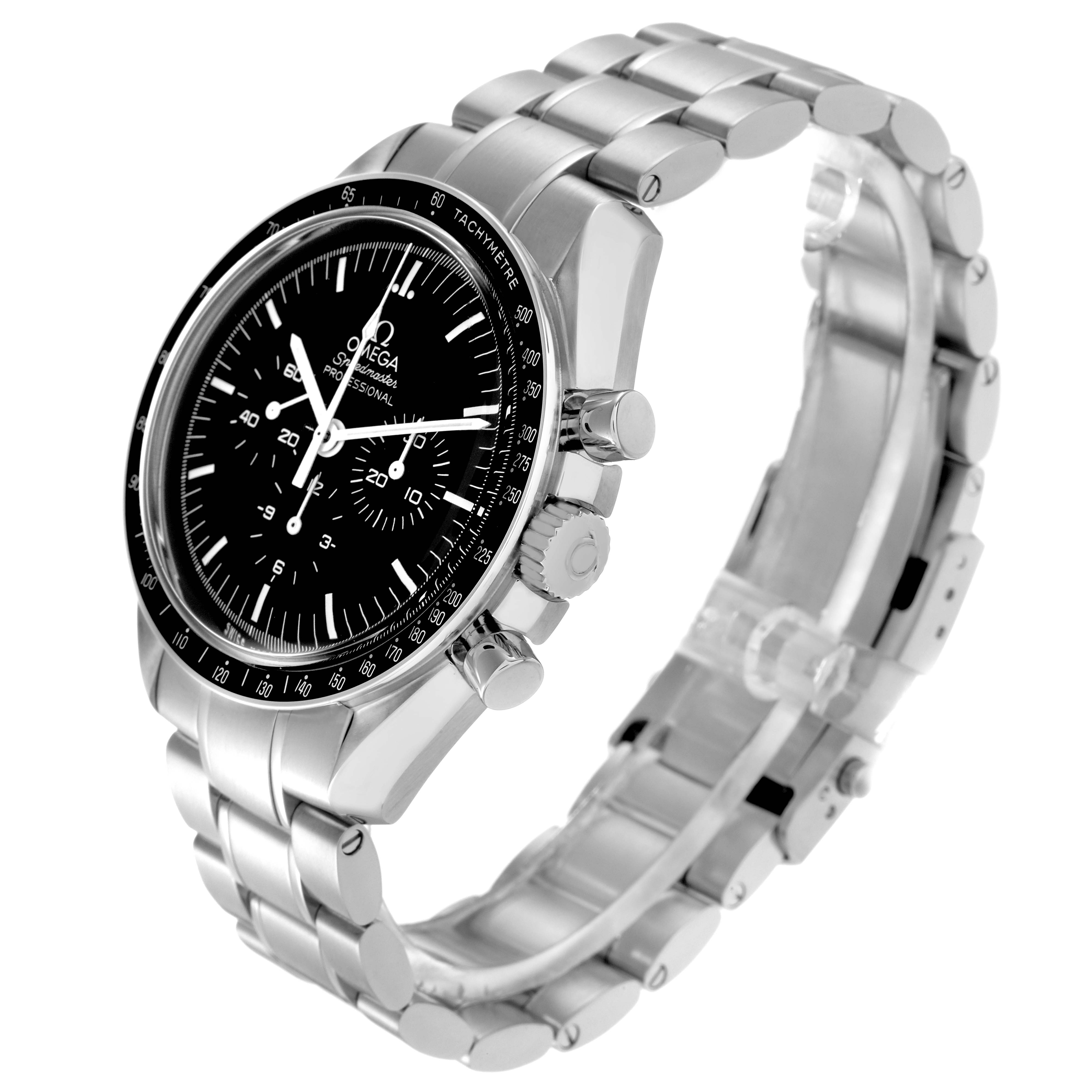 The Omega Speedmaster model 311.30.42.30.01.005 is shown at a three-quarter angle highlighting the face, bezel, pushers, crown, and stainless steel bracelet.