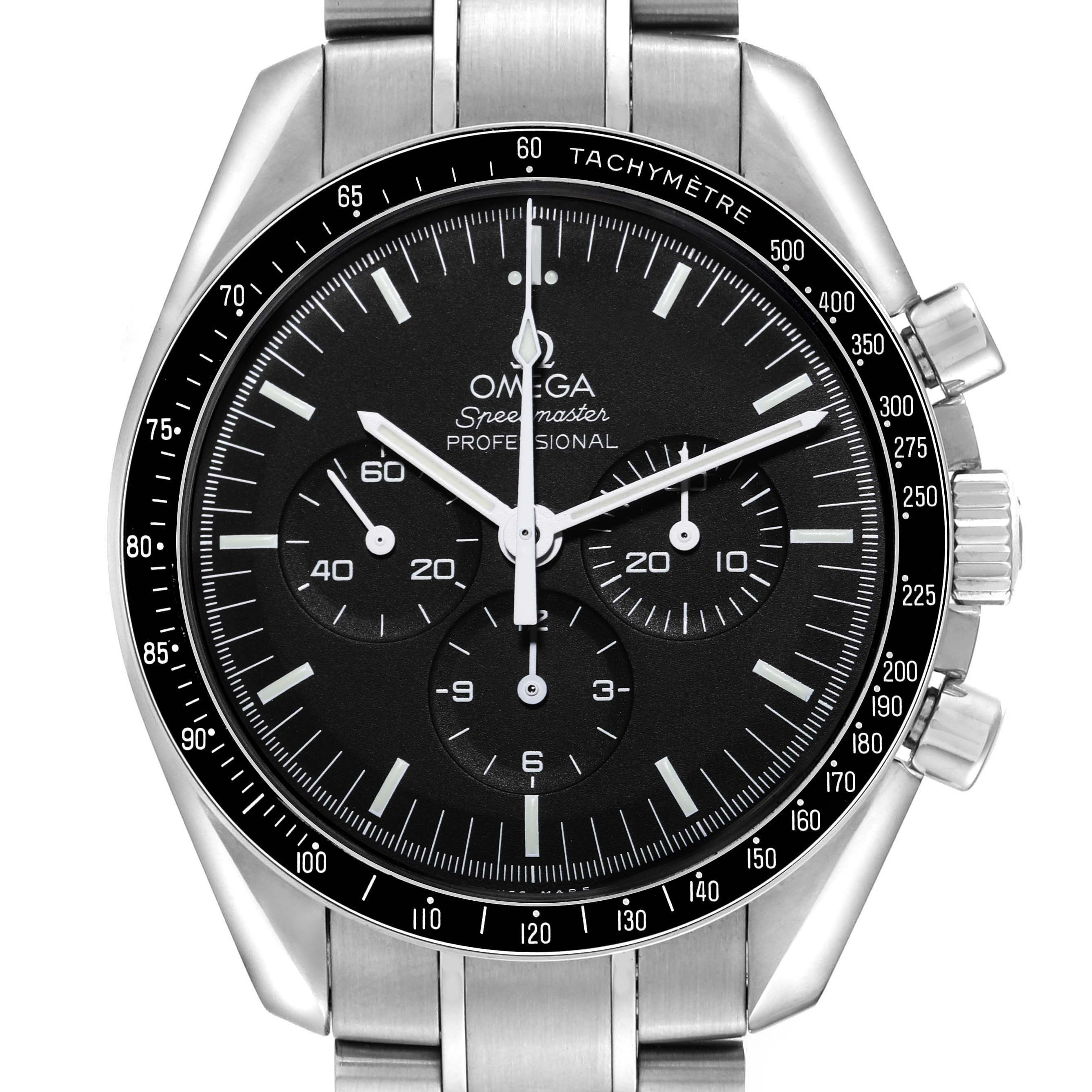 The Omega Speedmaster model 311.30.42.30.01.005 is shown from the front, displaying the dial, bezel, subdials, and pushers.