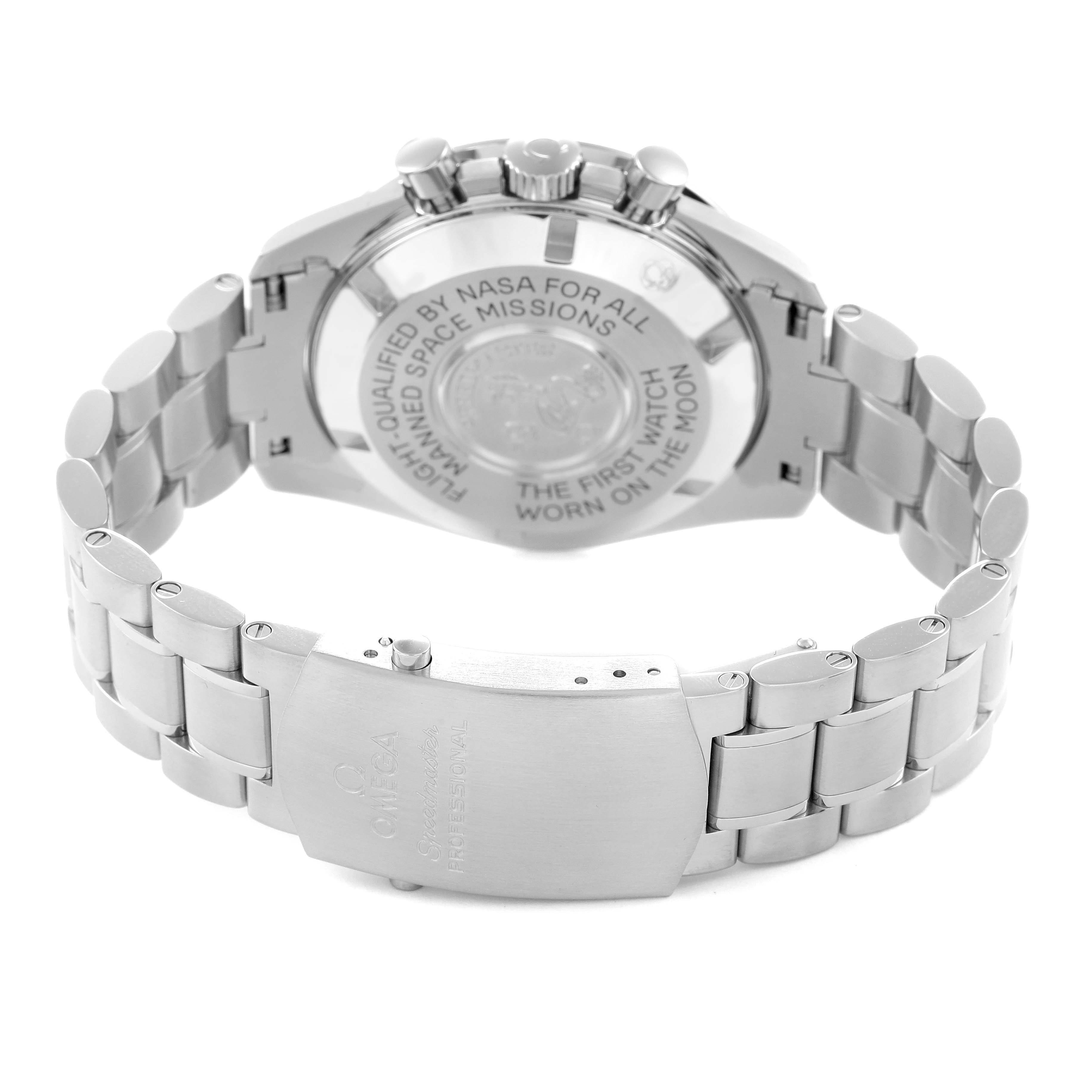 The image shows the back view of the Omega Speedmaster 311.30.42.30.01.005 men
s watch, focusing on the clasp and case back with text detailing.