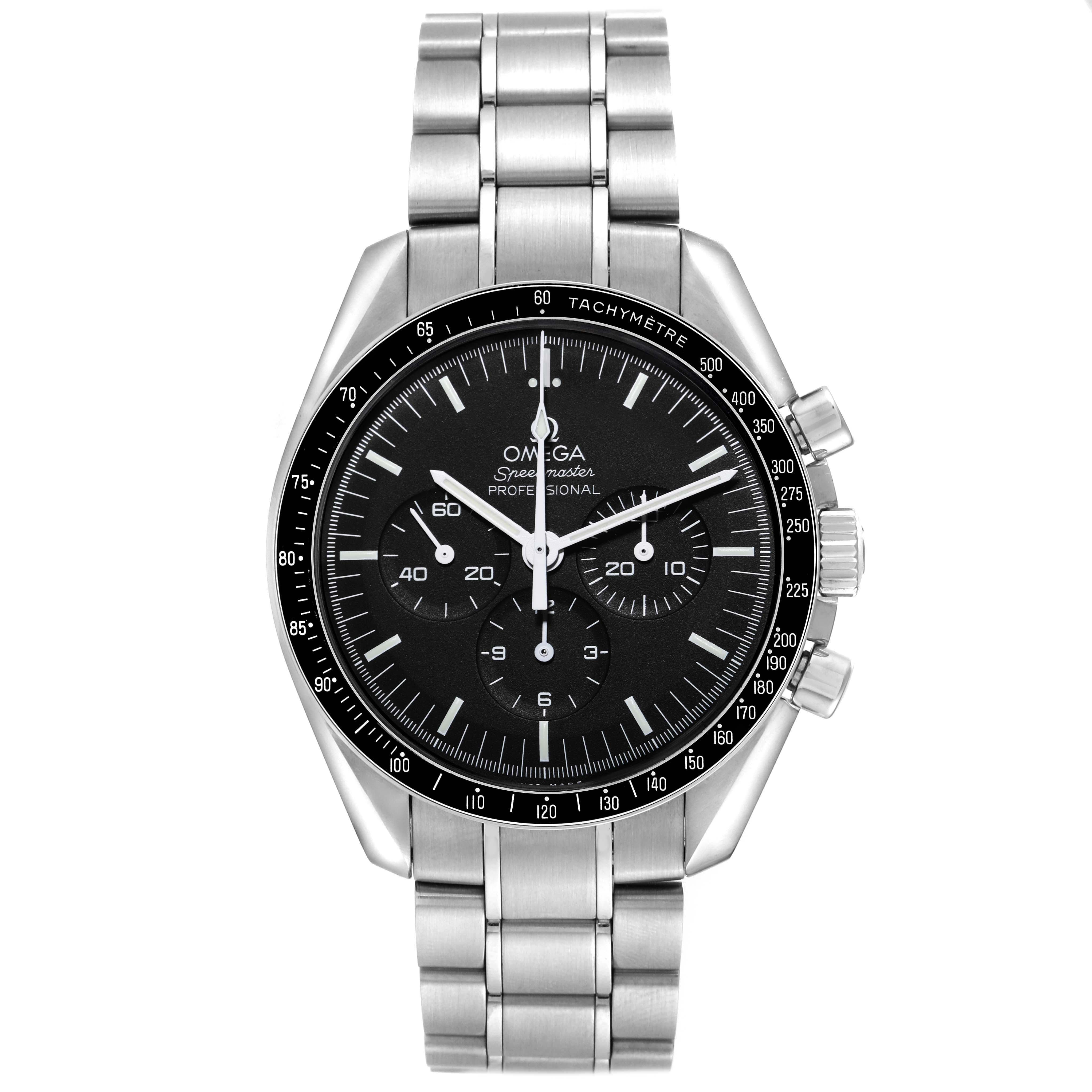 The watch is shown from a front view highlighting the dial, bezel, and bracelet of the Omega Speedmaster model 311.30.42.30.01.005.